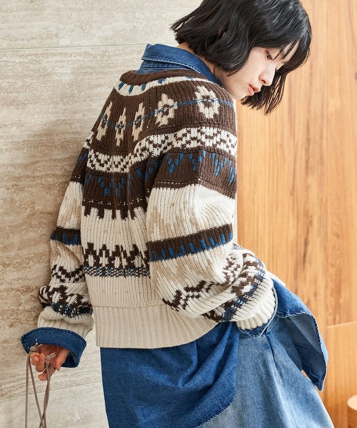 【SALE／30%OFF】FREAK'S STORE ノルディック ジップショートニットカーデ 25AW フリークスストア トップス カーディガン ネイビー グレー ホワイト【送料無料】のサムネイル