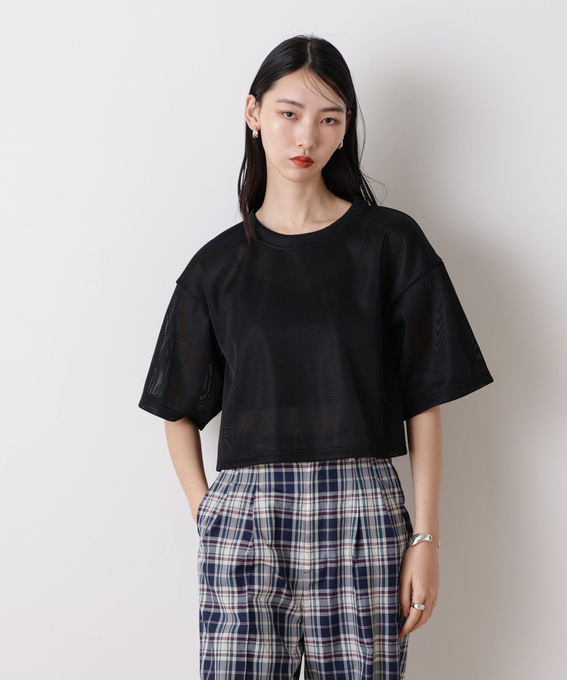 NANO universe 「STEVELOUR」シアーメッシュショートトップス(セットアップ可) ナノユニバース トップス カットソー・Tシャツ ブラック ホワイト