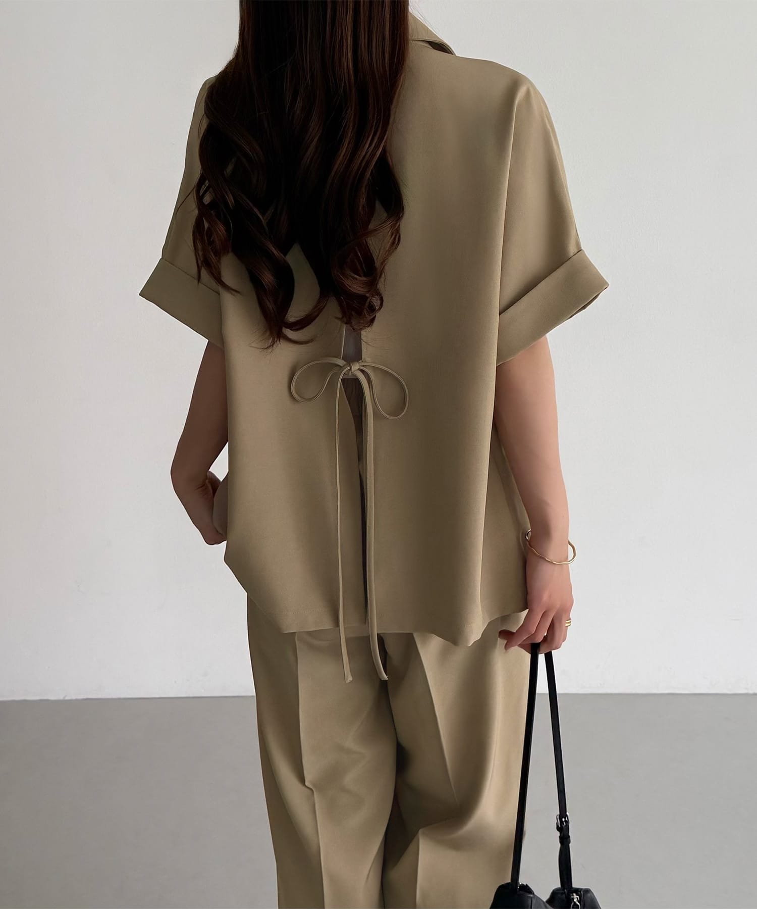 JUNOAH callautia リネンライク半袖ジャケット+タックスラックスパンツset ジュノア パンツ スラックス・ドレスパンツ ブラック グレー ベージュ