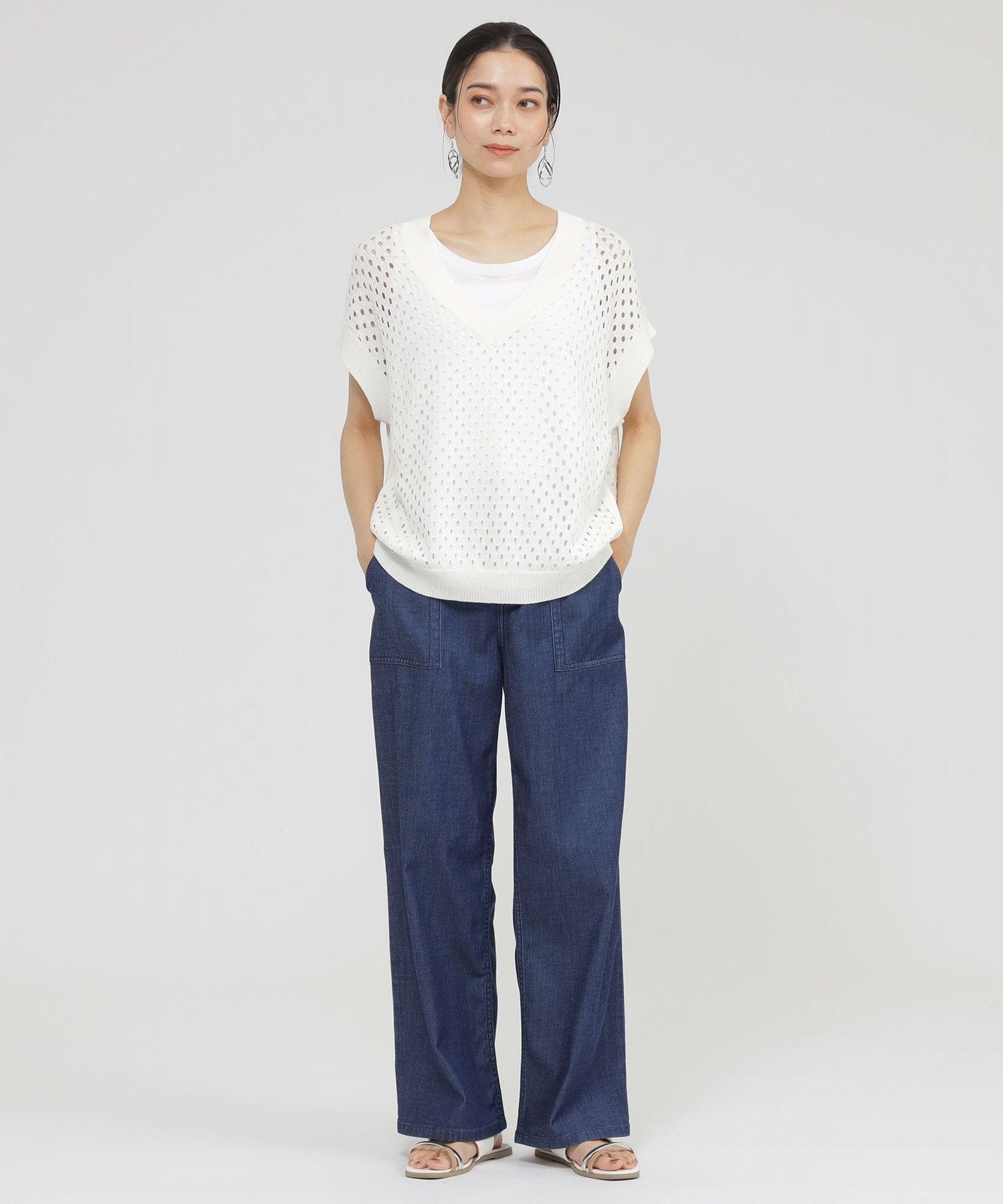 【SANYO Style EDITION掲載】【ウォッシャブル】アイレットメッシュレイヤードニット エヴェックス バイ クリツィア トップス ニット ブラック ホワイト
