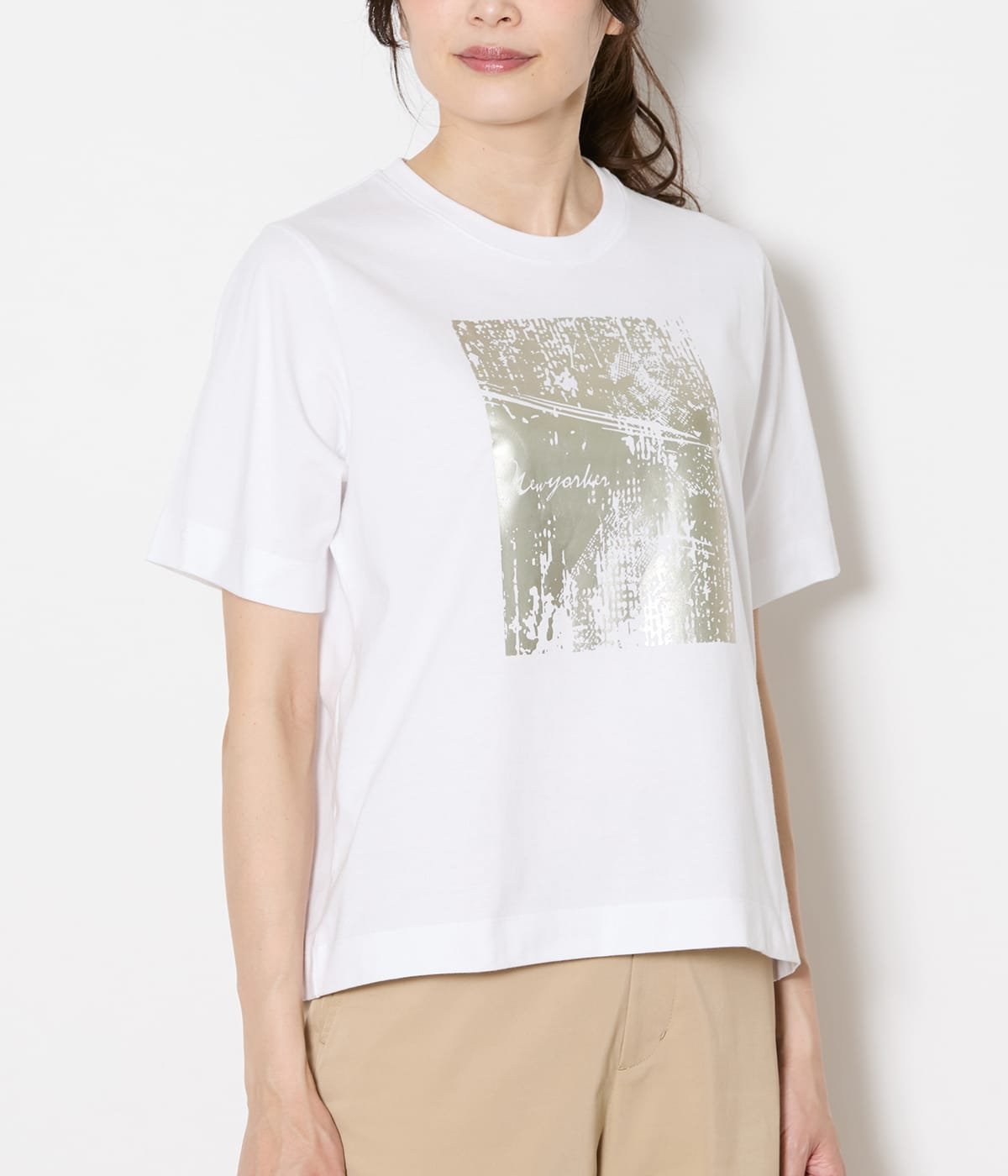 NEWYORKER WOMEN L-SIZE 【L】コットン100% 箔グラフィックTシャツ ニューヨーカー エルサイズ トップス カットソー・Tシャツ ホワイト