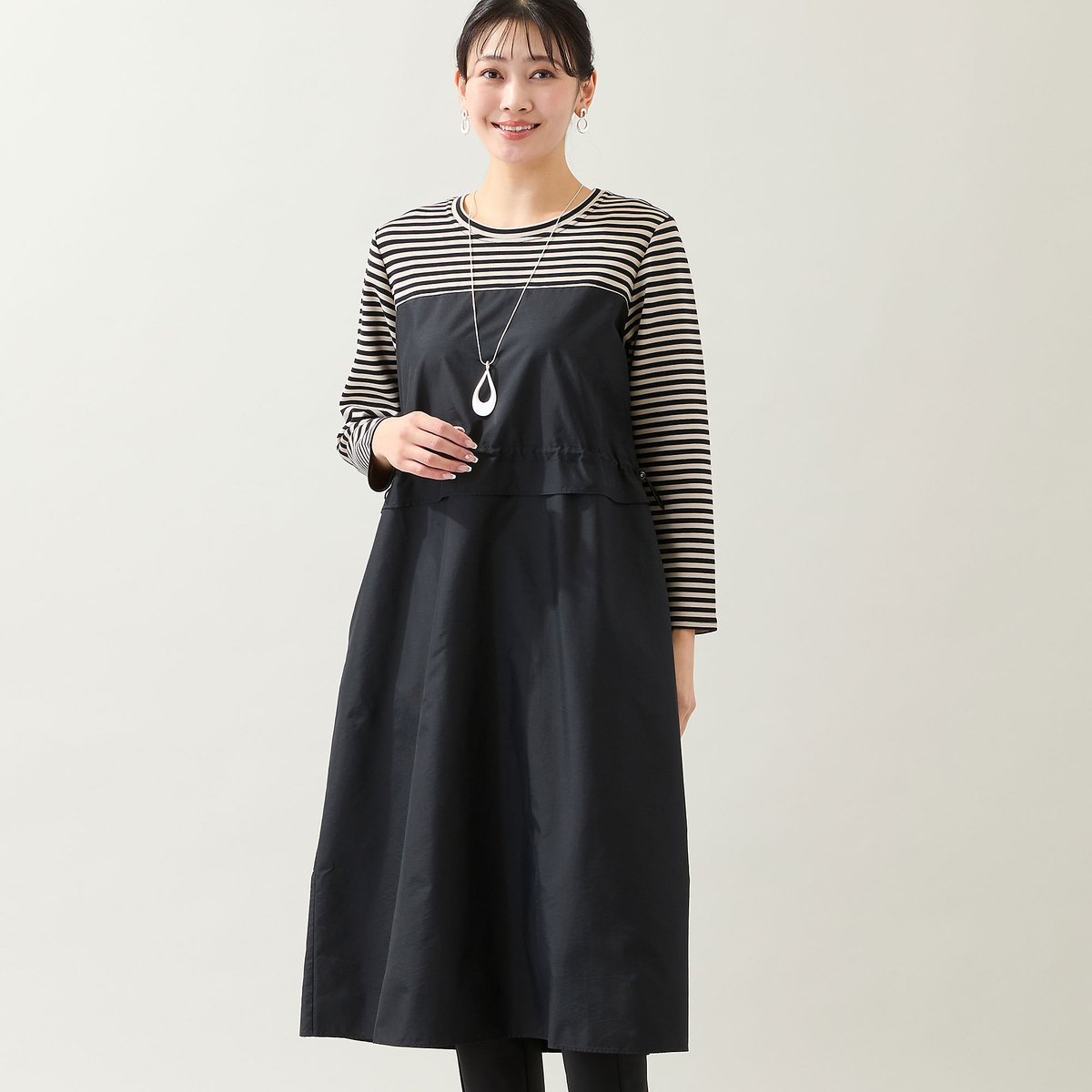 missel 【洗える・体型カバー・L~4Lサイズ】ドッキングワンピース(ボーダー) ミゼール ワンピース・ドレス ワンピース ブラック