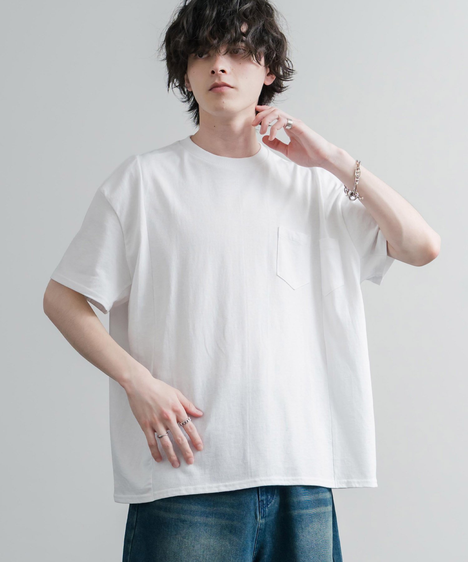 日本製/国産ビッグサイズリメイクUSAファブリックポケット付き半袖Tシャツ ロッキーモンロー トップス カットソー・Tシャツ ホワイト グレー