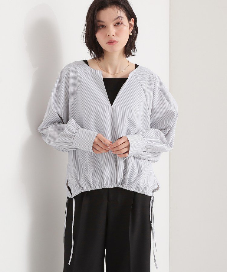 THE SHOP TK キーネックストライプドロストシャツブラウス ザ ショップ ティーケー トップス シャツ・ブラウス ホワイト ピンク ブルー