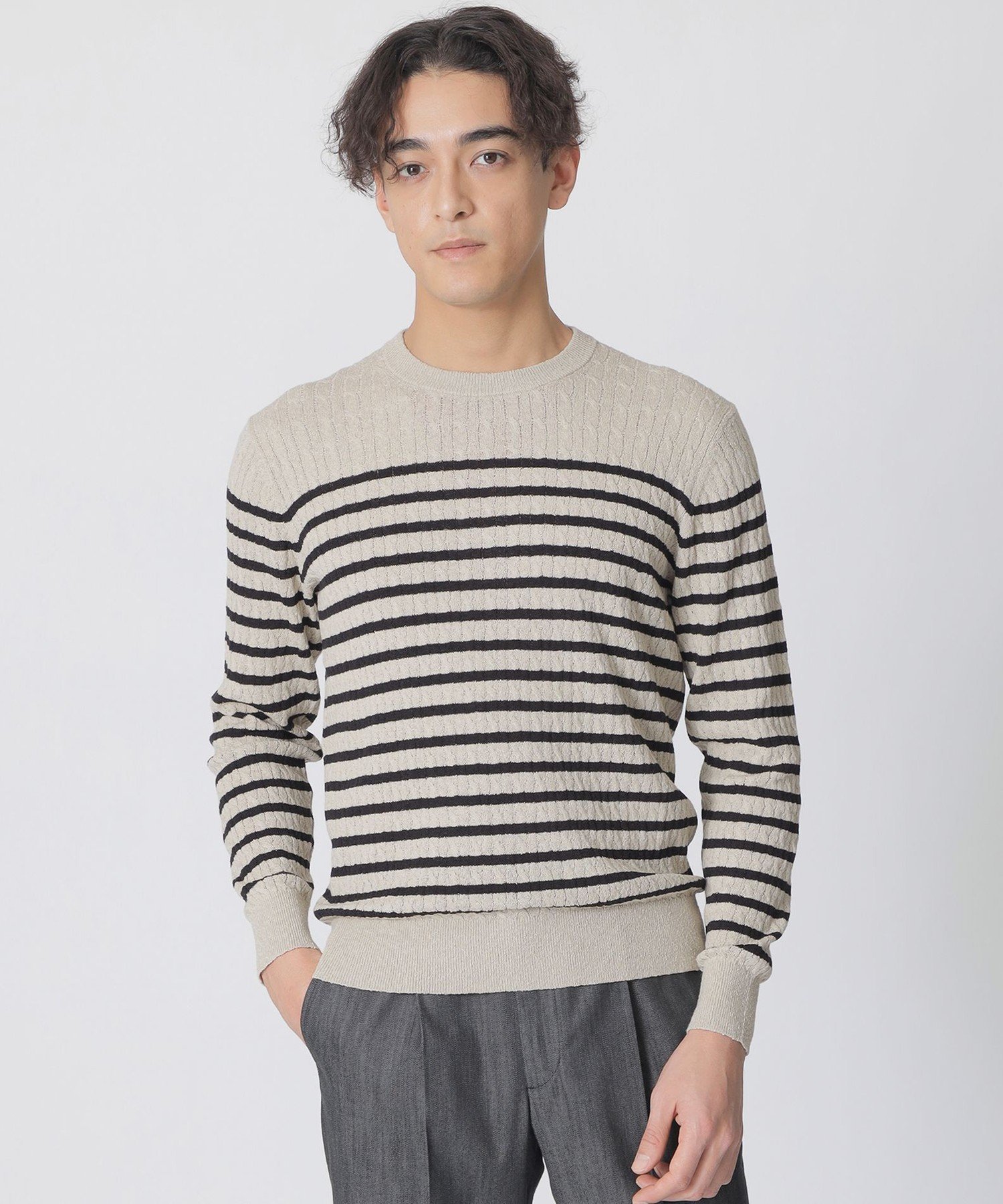【SALE／40%OFF】Paul Stuart ボーダー柄ケーブルクルーネックセーター ポール・スチュアート トップス ニット ネイビー ベージュ【送料無料】