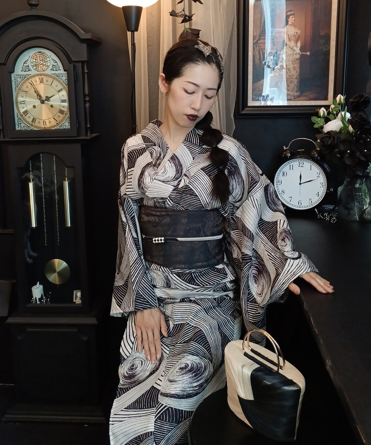 Rakuten FashionのNico@ntique ニコアンティーク 浴衣 3点セット ゼン・ボルテックス/ブラック Fサイズ ウタタネ 着物・浴衣・和装小物 浴衣 ブラック【送料無料】｜アングル2