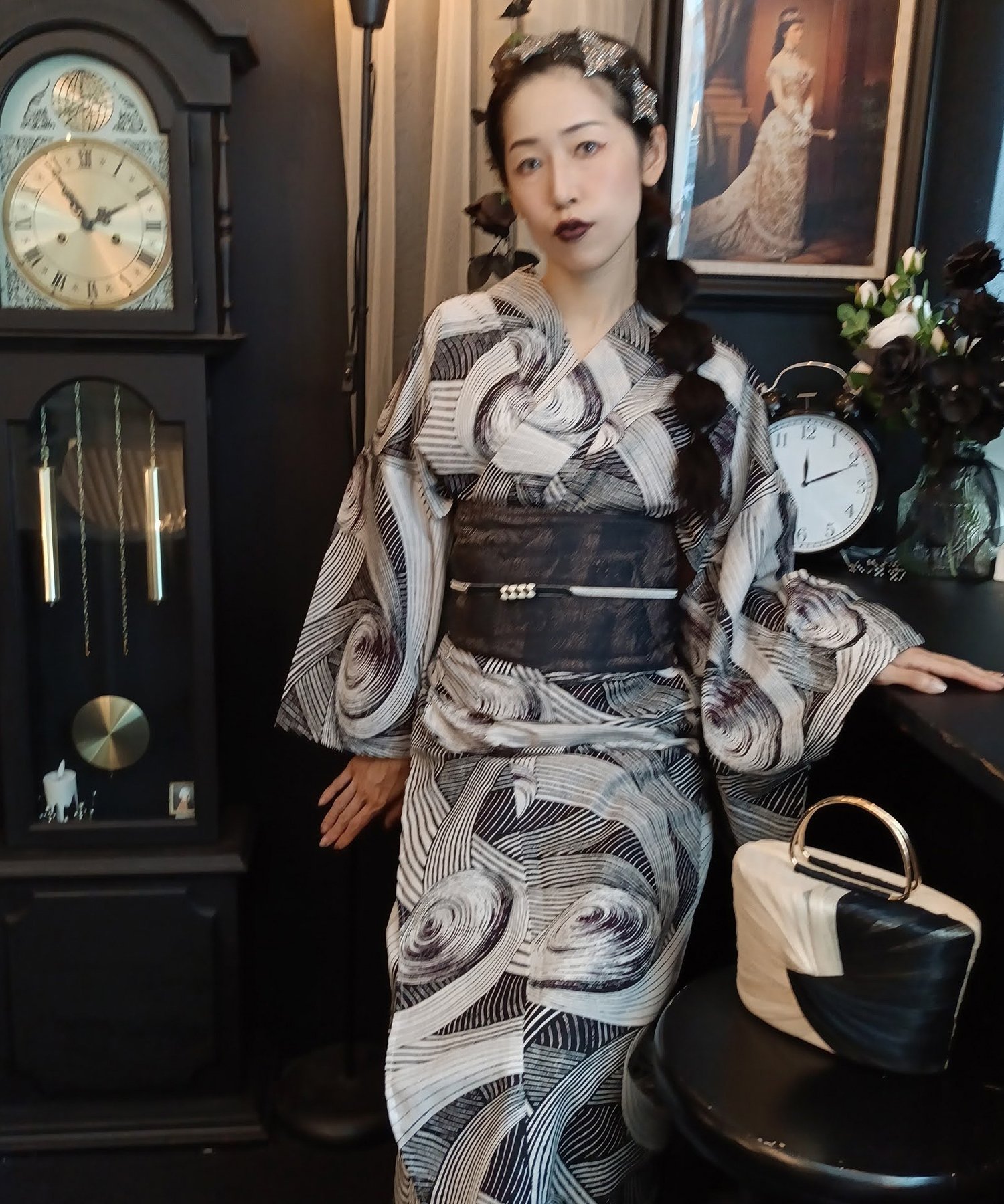Rakuten FashionのNico@ntique ニコアンティーク 浴衣 3点セット ゼン・ボルテックス/ブラック Fサイズ ウタタネ 着物・浴衣・和装小物 浴衣 ブラック【送料無料】｜アングル3