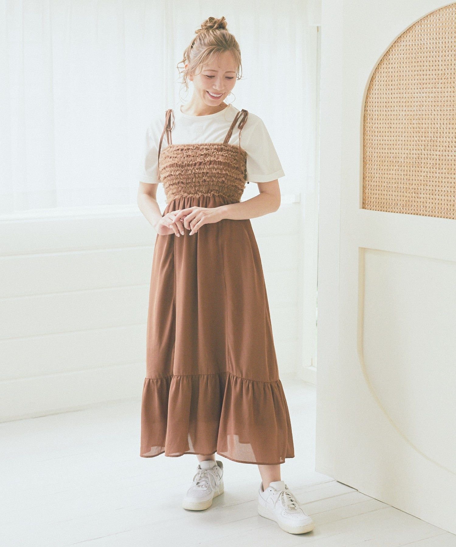 【SALE／30%OFF】Areeam チュールフリルティアードキャミワンピース アリーム ワンピース・ドレス ワンピース ブラウン【送料無料】