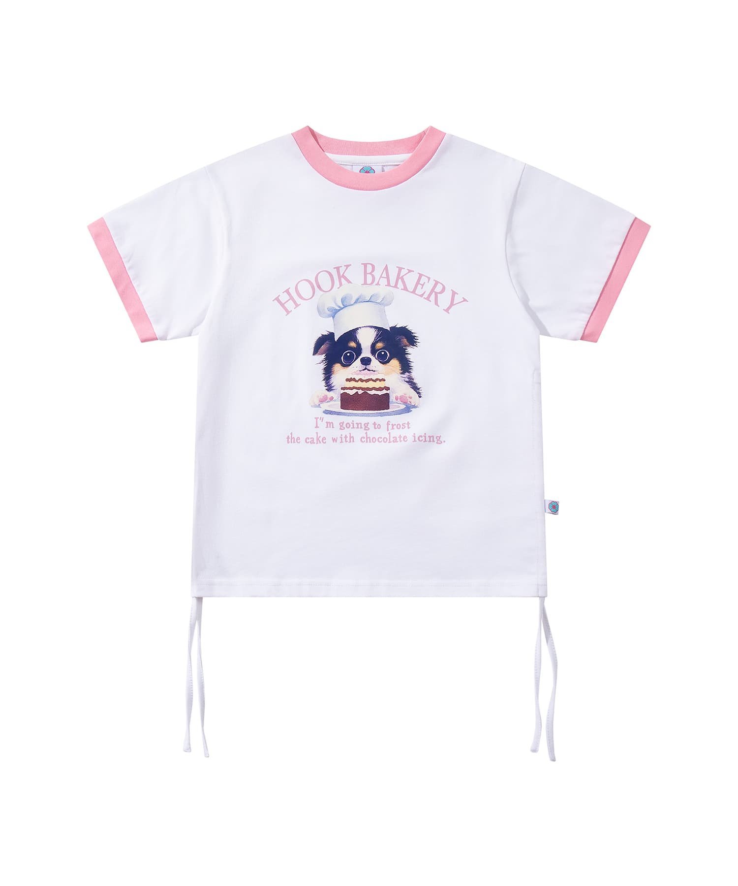 HOOK 【HOOK】for girls 裾シャーリングレトロわんちゃんプリントリンガーTEE アイモハ トップス カットソー・Tシャツ ホワイト ブラック