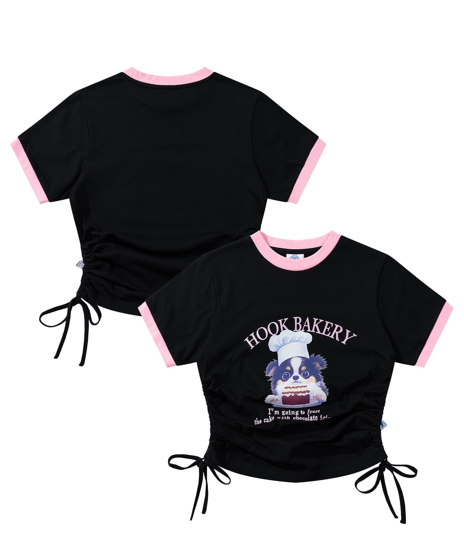 HOOK 【HOOK】for girls 裾シャーリングレトロわんちゃんプリントリンガーTEE アイモハ トップス カットソー・Tシャツ ホワイト ブラック