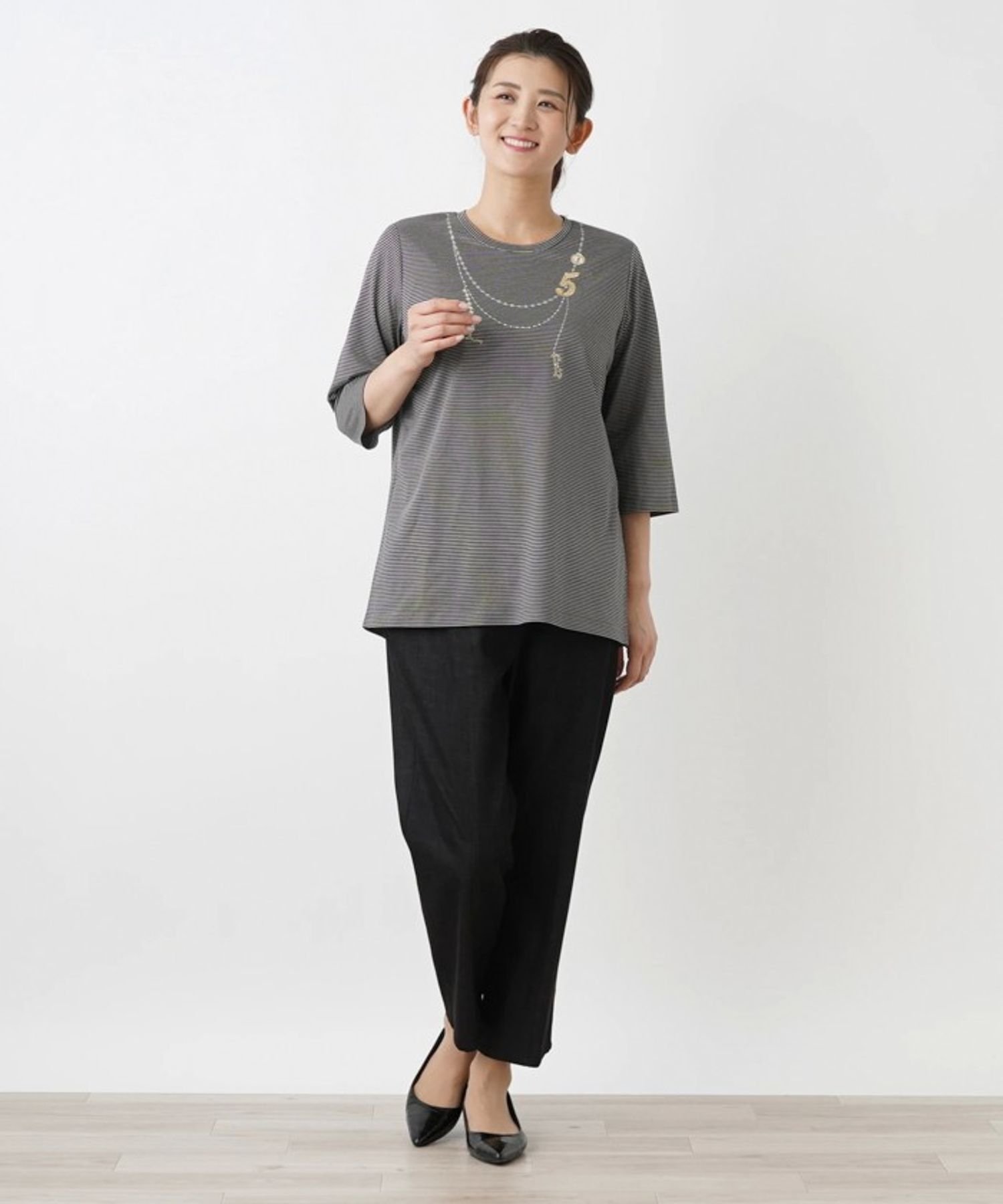 Leilian PLUS HOUSE ナローボーダーカットソー【プラス企画】 レリアン プラスハウス トップス カットソー・Tシャツ グレー ブラウン
