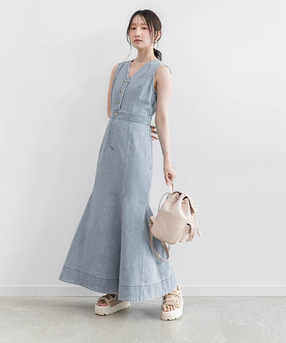 【SALE／30%OFF】RANDA Vネックデニムマーメイドワンピース ランダ ワンピース・ドレス ワンピース ブルー グレー【送料無料】