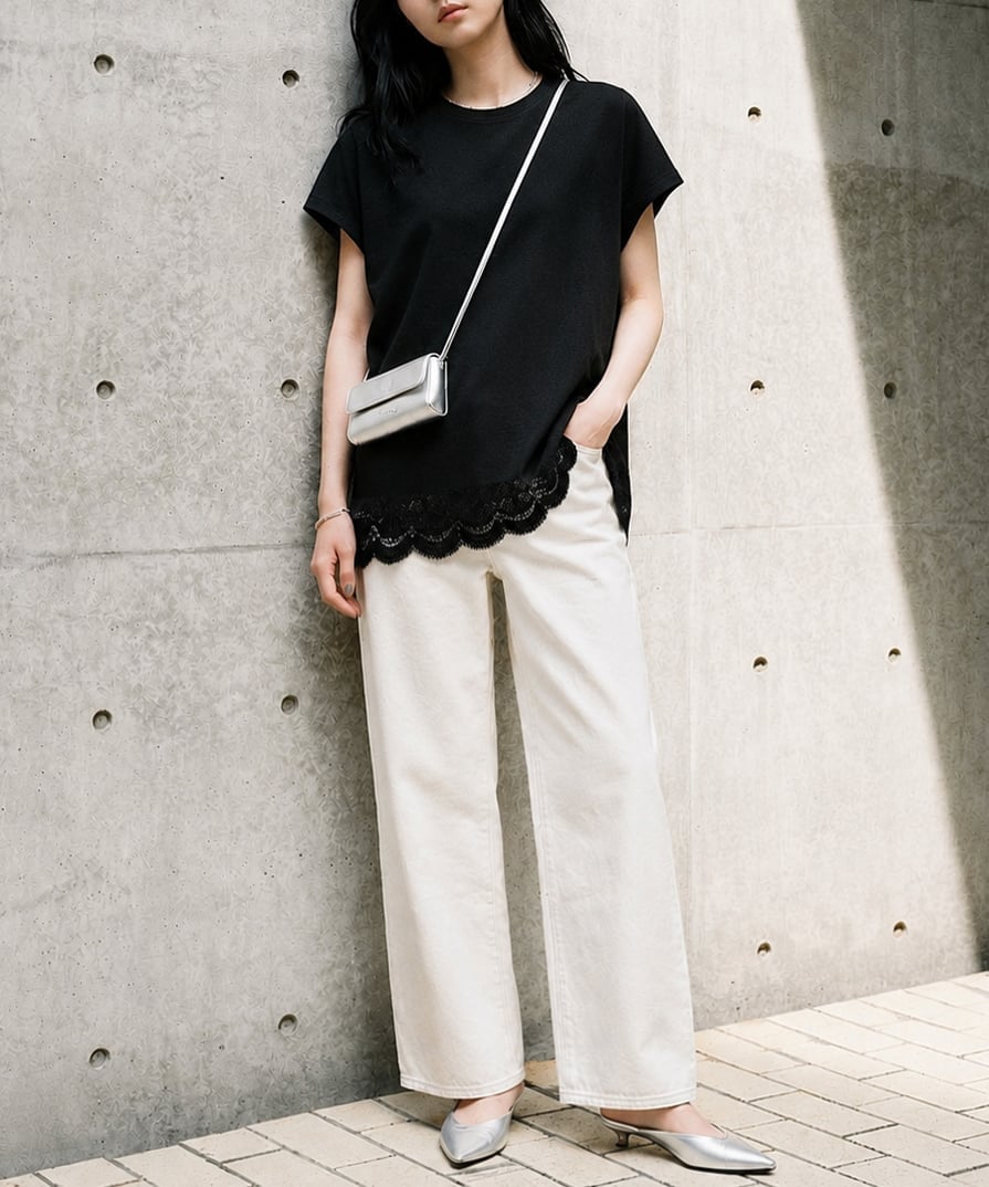 La-gemme 裾レースデザインTシャツ ラジュール トップス カットソー・Tシャツ ブラック ホワイト