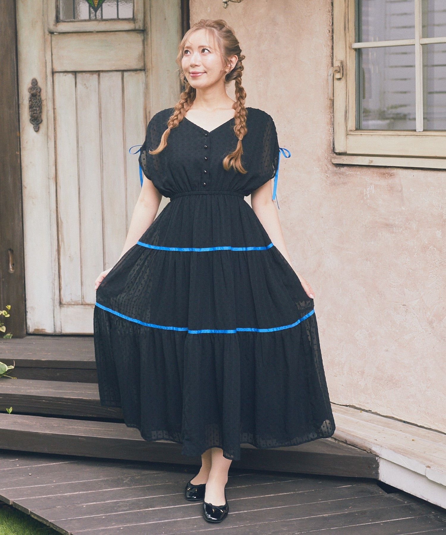 【SALE／30%OFF】Areeam ショルダーギャザー配色リボンワンピース アリーム ワンピース・ドレス その他のワンピース・ドレス ブラック【送料無料】