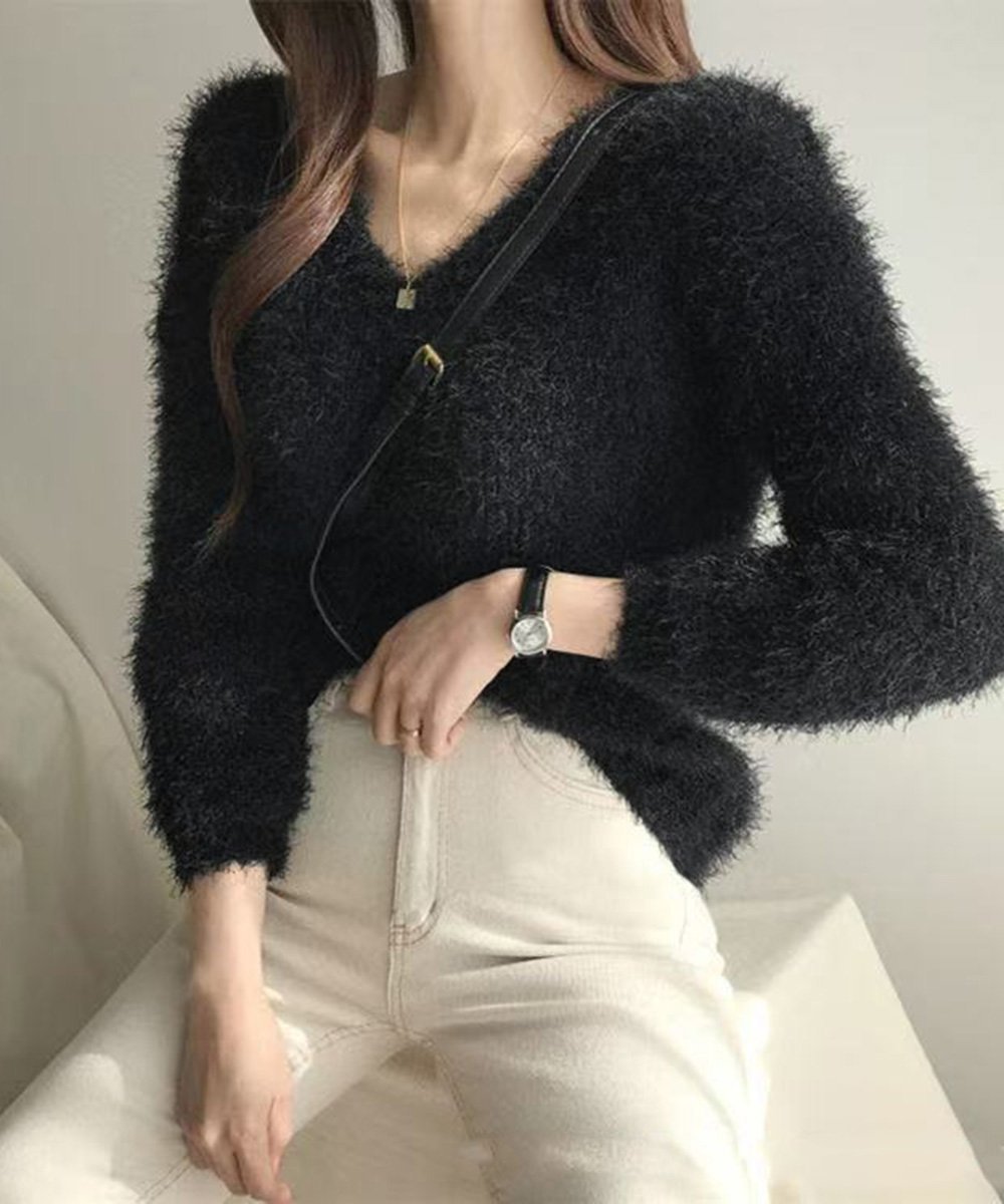 miniministore モヘア調ニット Vネックシャギートップス ミニミニストア トップス ニット ブラック グレー ピンク ブルー ホワイト