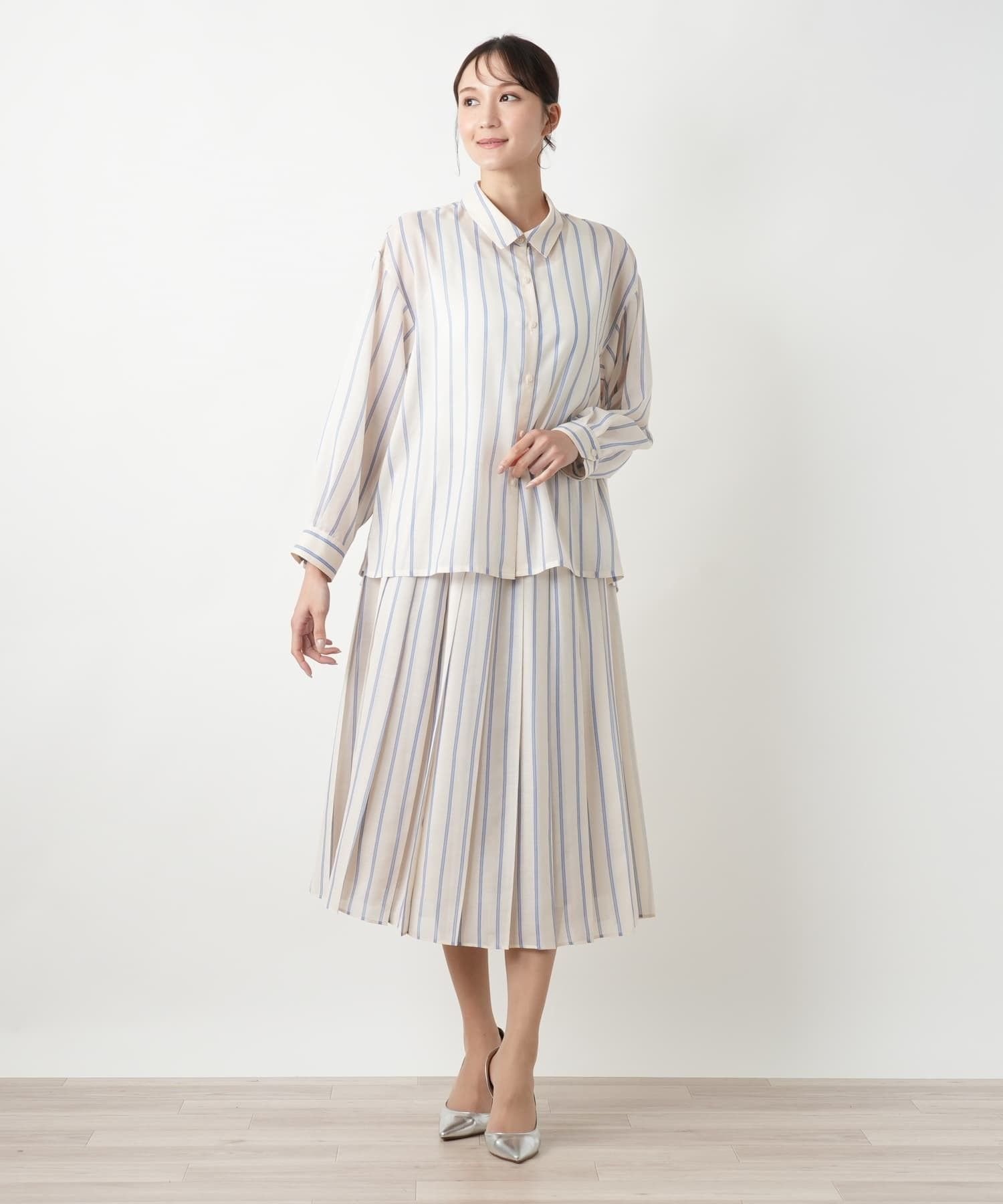 Leilian PLUS HOUSE ストライプブラウス【BOURGE】 レリアン プラスハウス トップス シャツ・ブラウス ブルー ピンク