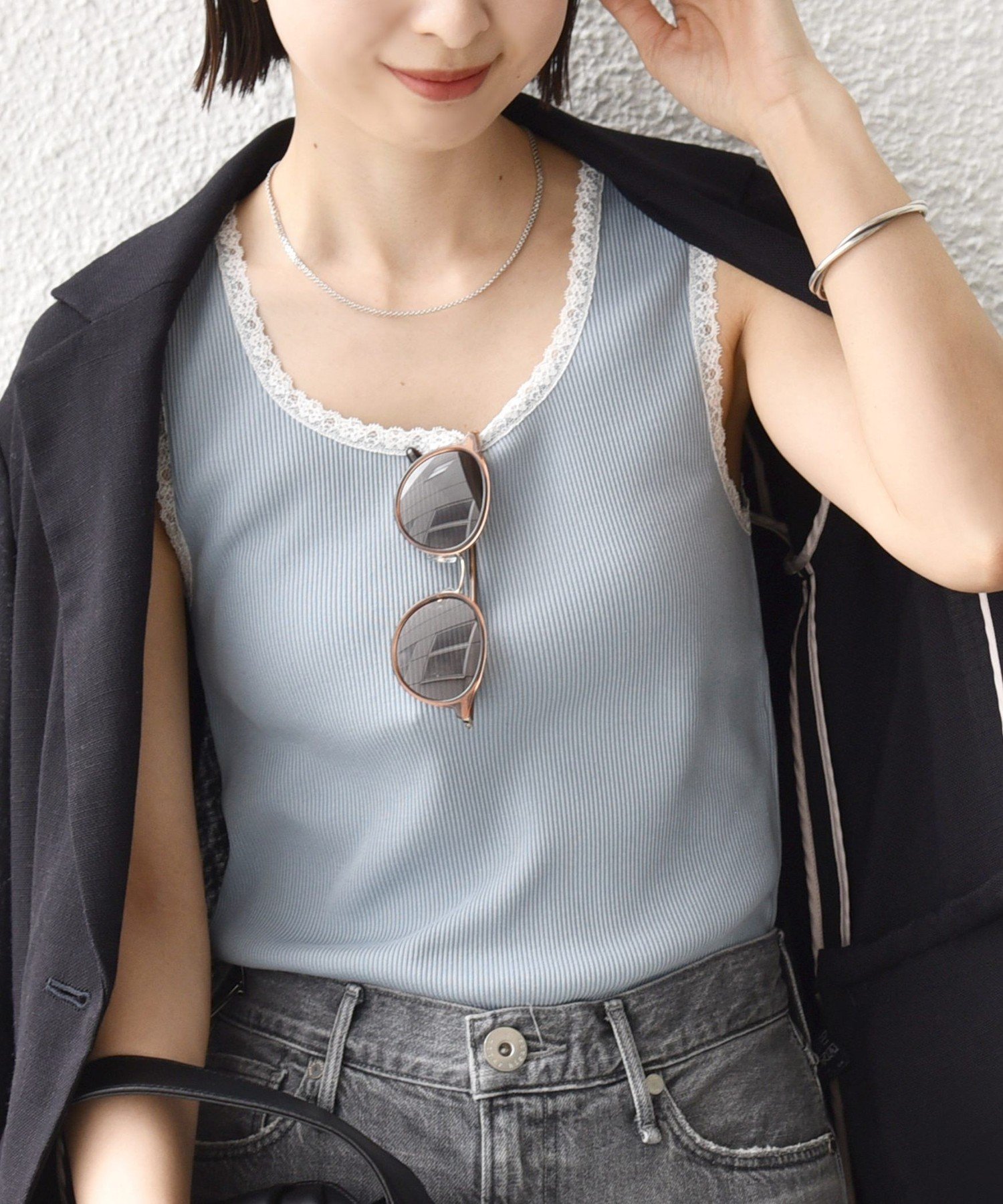 WOMEN ＜手洗い可能＞レース トリミング 2WAY タンクトップ シップス トップス ノースリーブ・タンクトップ グリーン ブルー ホワイト