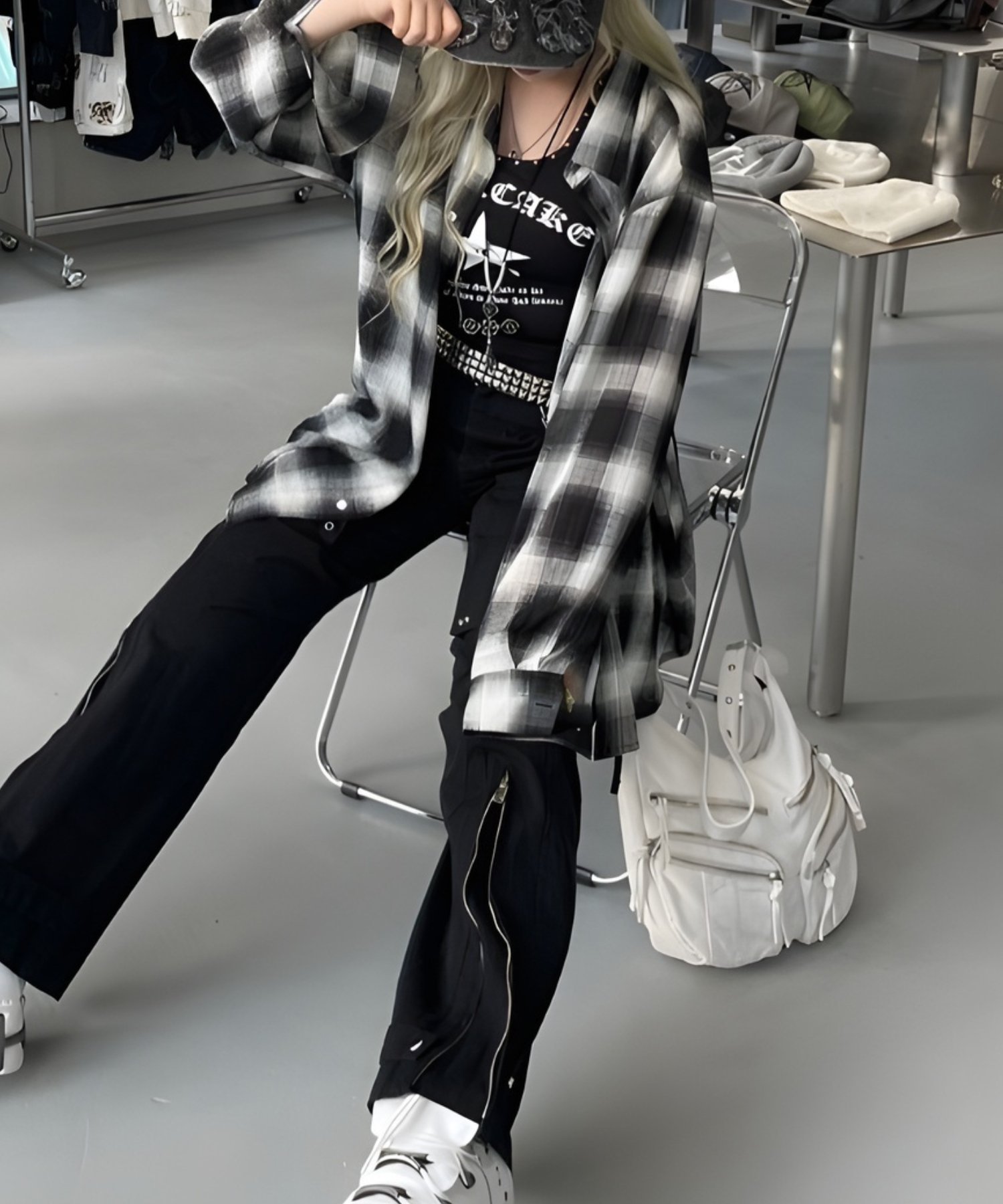XU 【XU】chiffon check shirt / チェックシャツ 長袖シャツ 柄シャツ ネバーマインドザエックスユー／チカシツプラス トップス シャツ・ブラウス ブルー ブラック【送料無料】