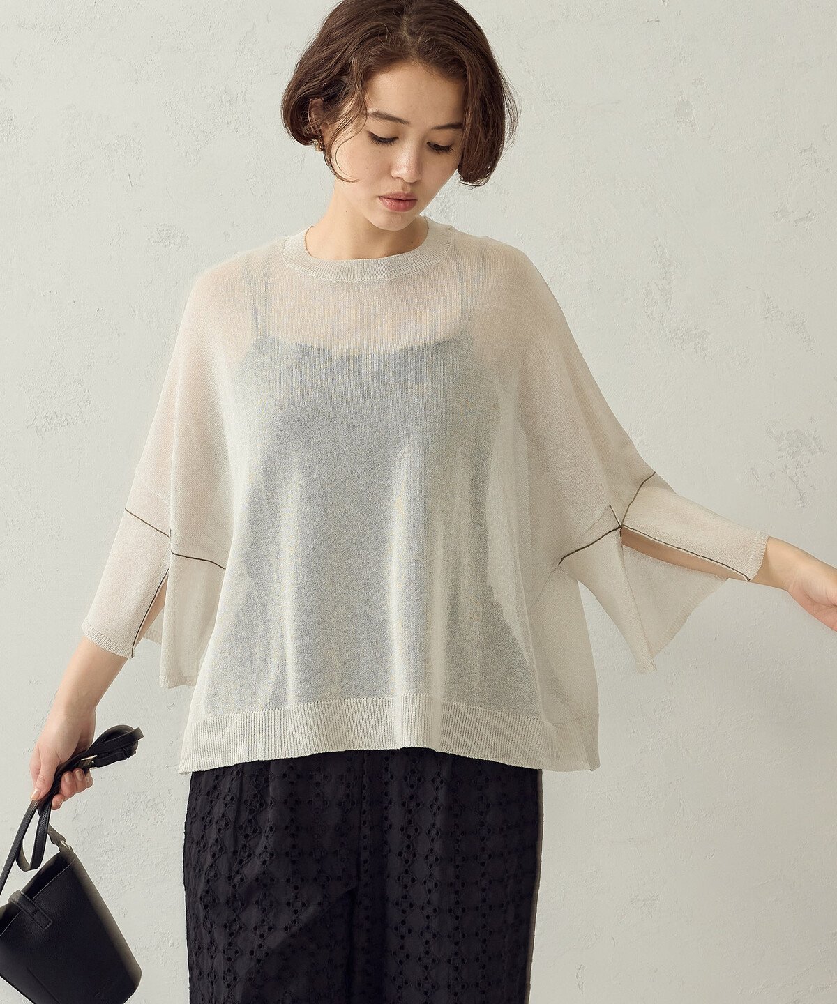 【SALE／30%OFF】COMME CA ISM 配色 スリットスリーブニット コムサイズム トップス ニット ブラック グレー ブルー オレンジ【送料無料】