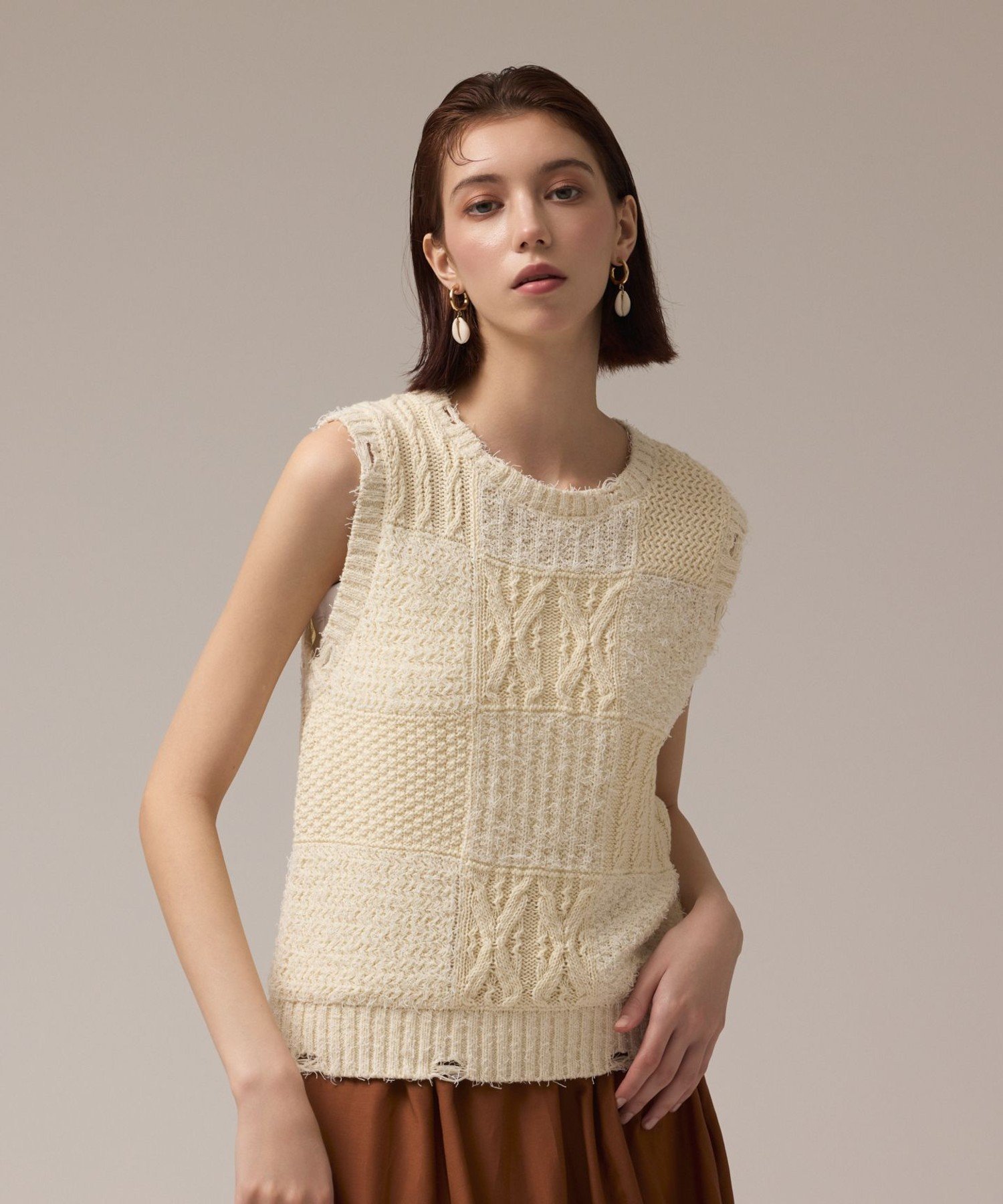 【SALE／40%OFF】GRACE CONTINENTAL パッチワークニットトップ グレースコンチネンタル トップス その他のトップス ベージュ イエロー【送料無料】