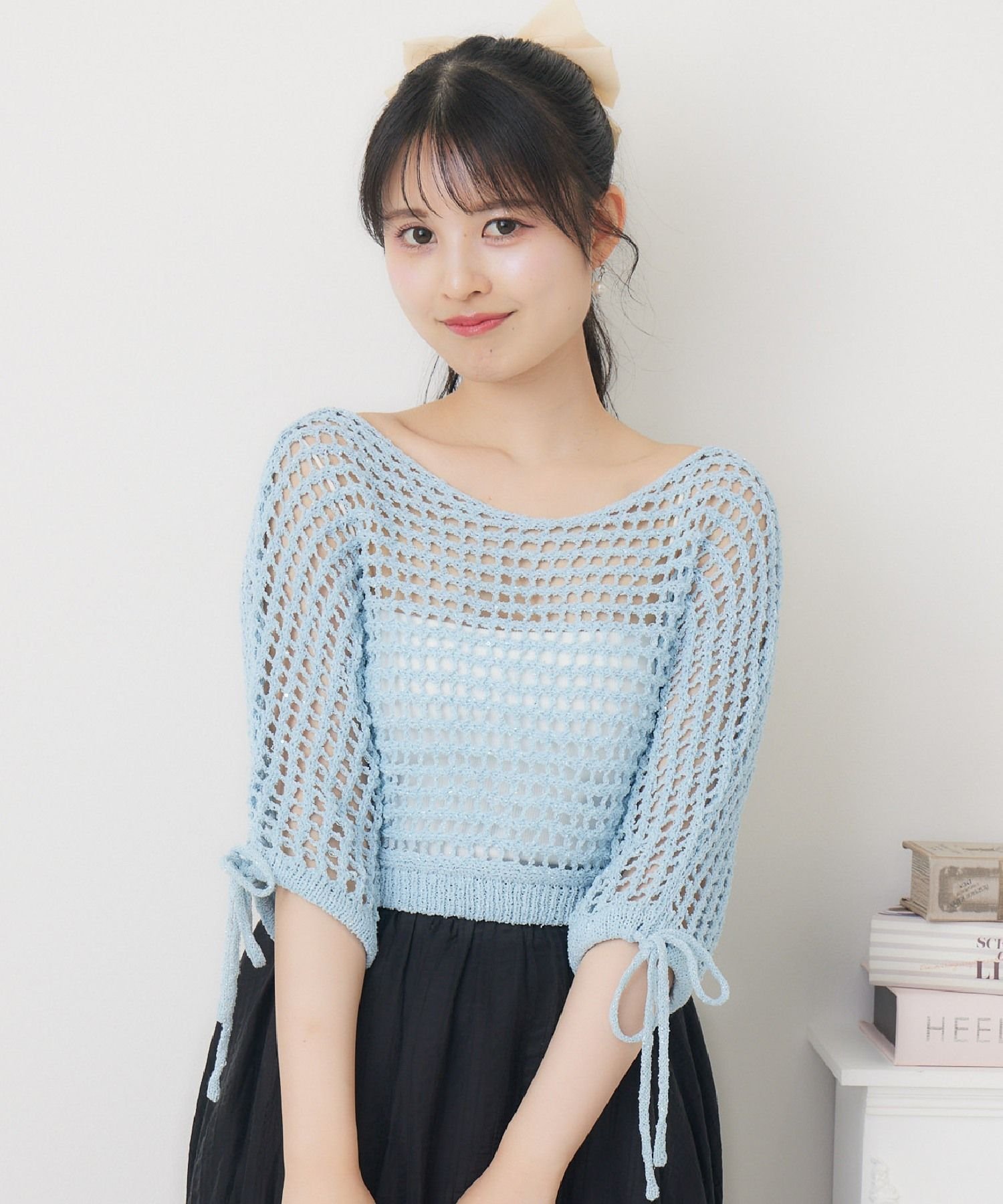 【SALE/82%OFF】ems excite スパンコールメッシュNTPO レトロガール トップス ニット ブルー ホワイト ピンク