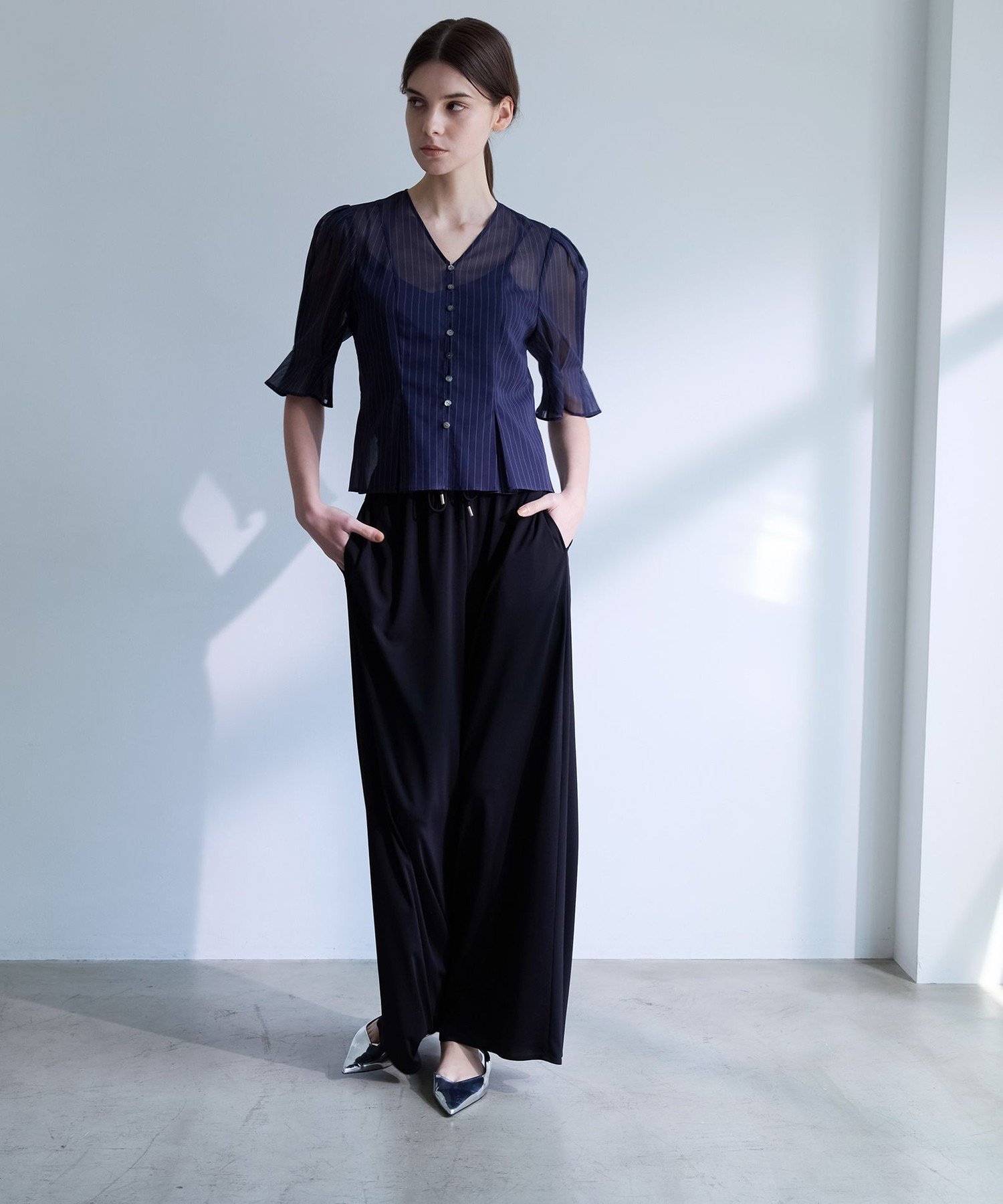 【SALE／50%OFF】EPOCA シアーストライプ タックデザインブラウス エポカ トップス シャツ・ブラウス ネイビー ホワイト【送料無料】