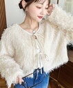 moment+ 前後2WAYショート丈フリンジリボンカーディガン モーメントプラス トップス カーディガン グレー ホワイト ブラック ピンク【送料無料】
