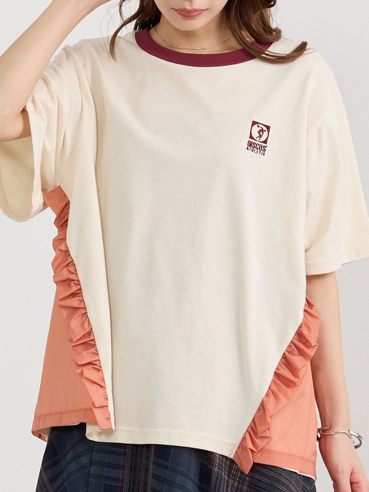 NICOLE CLUB 【DISCUS】フリルTシャツ ニコル クラブ トップス カットソー・Tシャツ ネイビー ホワイト ブルー