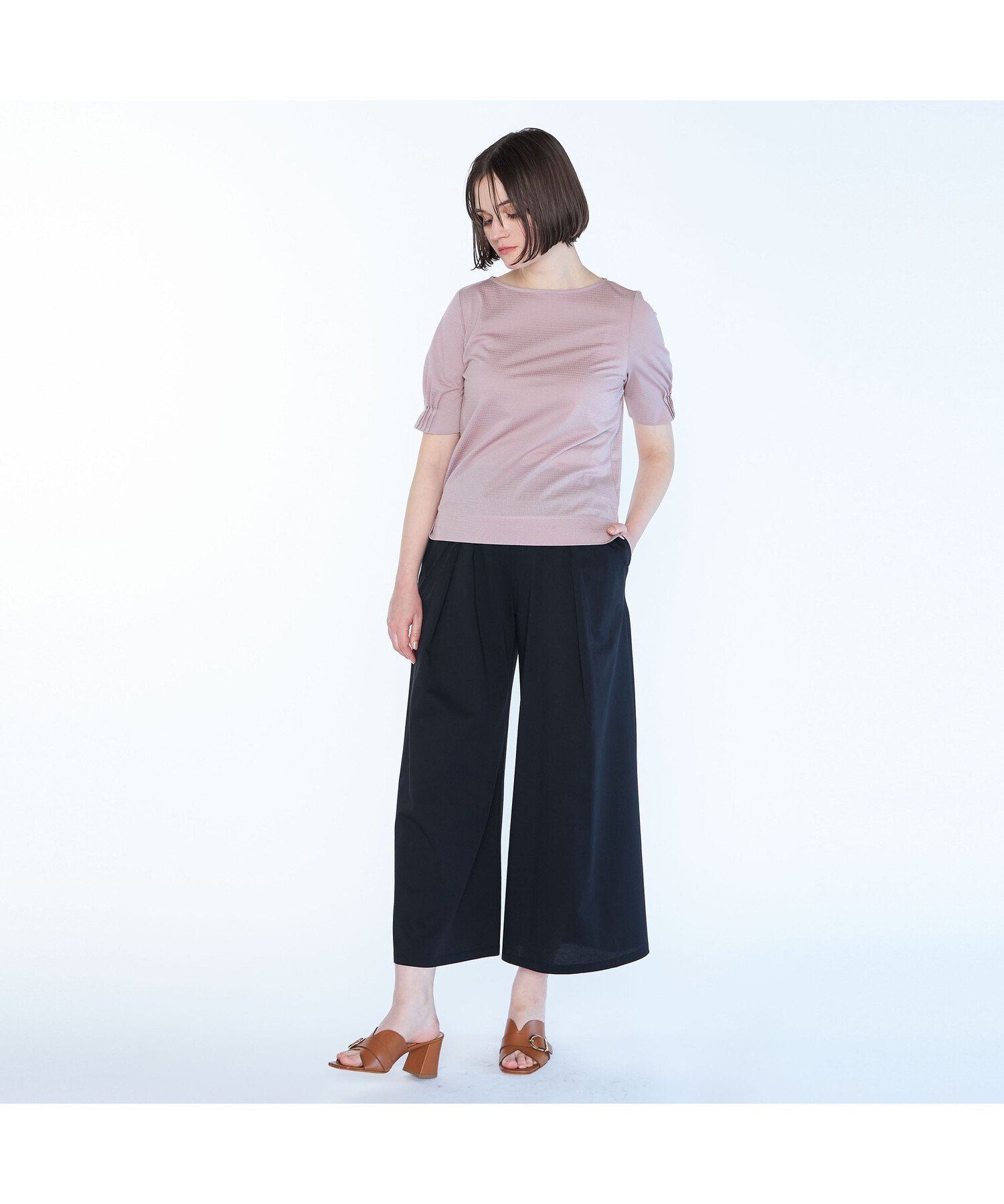 SCAPA ギンガムジャカードカットソー スキャパ トップス カットソー・Tシャツ ピンク ブラック