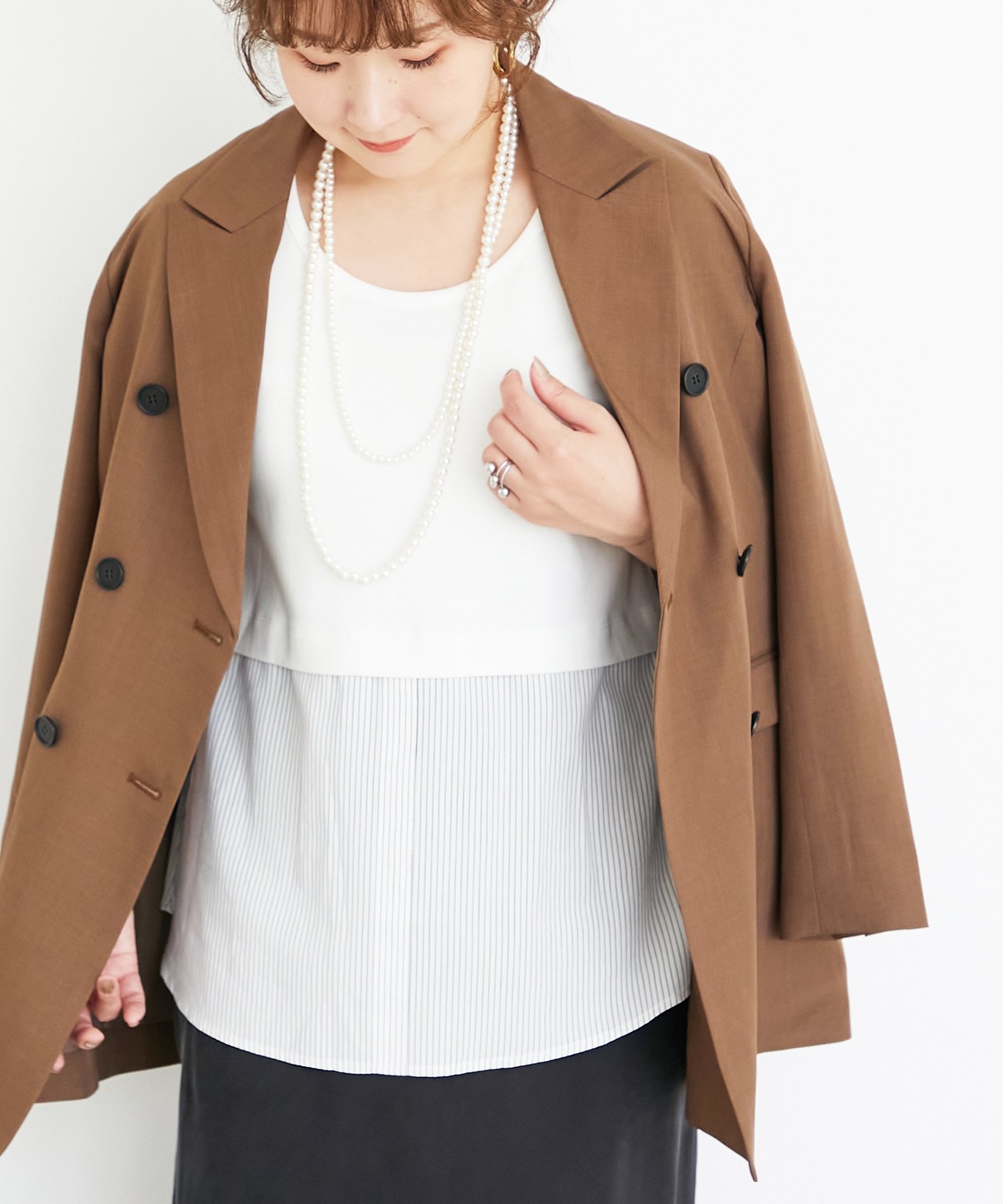 le.coeur blanc ストライプレイヤータンク ルクールブラン トップス ノースリーブ・タンクトップ ベージュ ホワイト