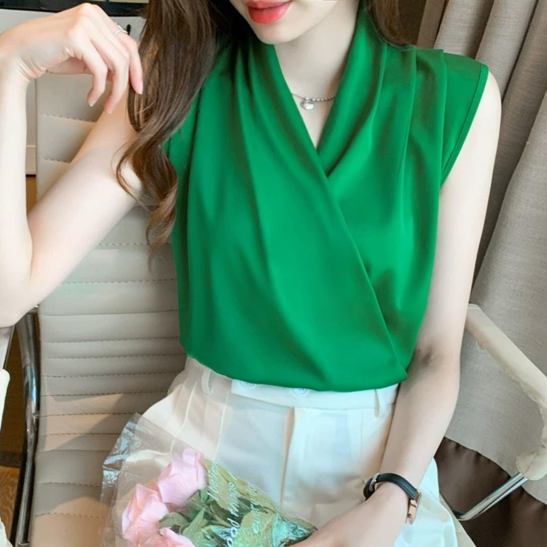 【SALE／49%OFF】Forcement 一枚で上品,ノースリーブシャーリング春夏ブラウス メゾンドラティール トップス シャツ・ブラウス グリーン ベージュ ブラック ピンク ホワイト