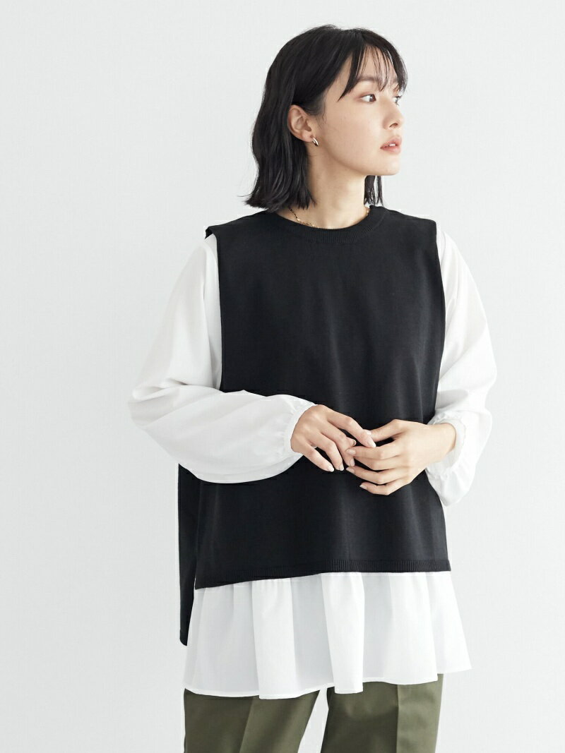 【SALE／33%OFF】Green Parks SET2点 エプロン風ベスト+ブラウス グリーンパークス トップス シャツ・ブラウス ブラック ブラウン グリーンのサムネイル