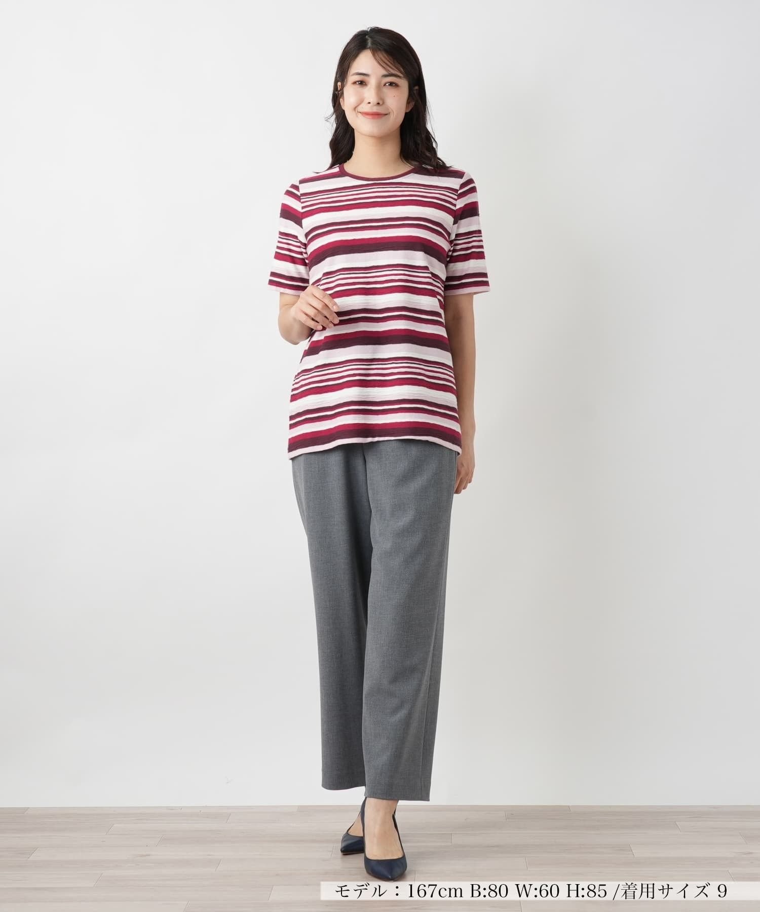 Leilian マルチボーダーカットソー レリアン トップス カットソー・Tシャツ ワインレッド