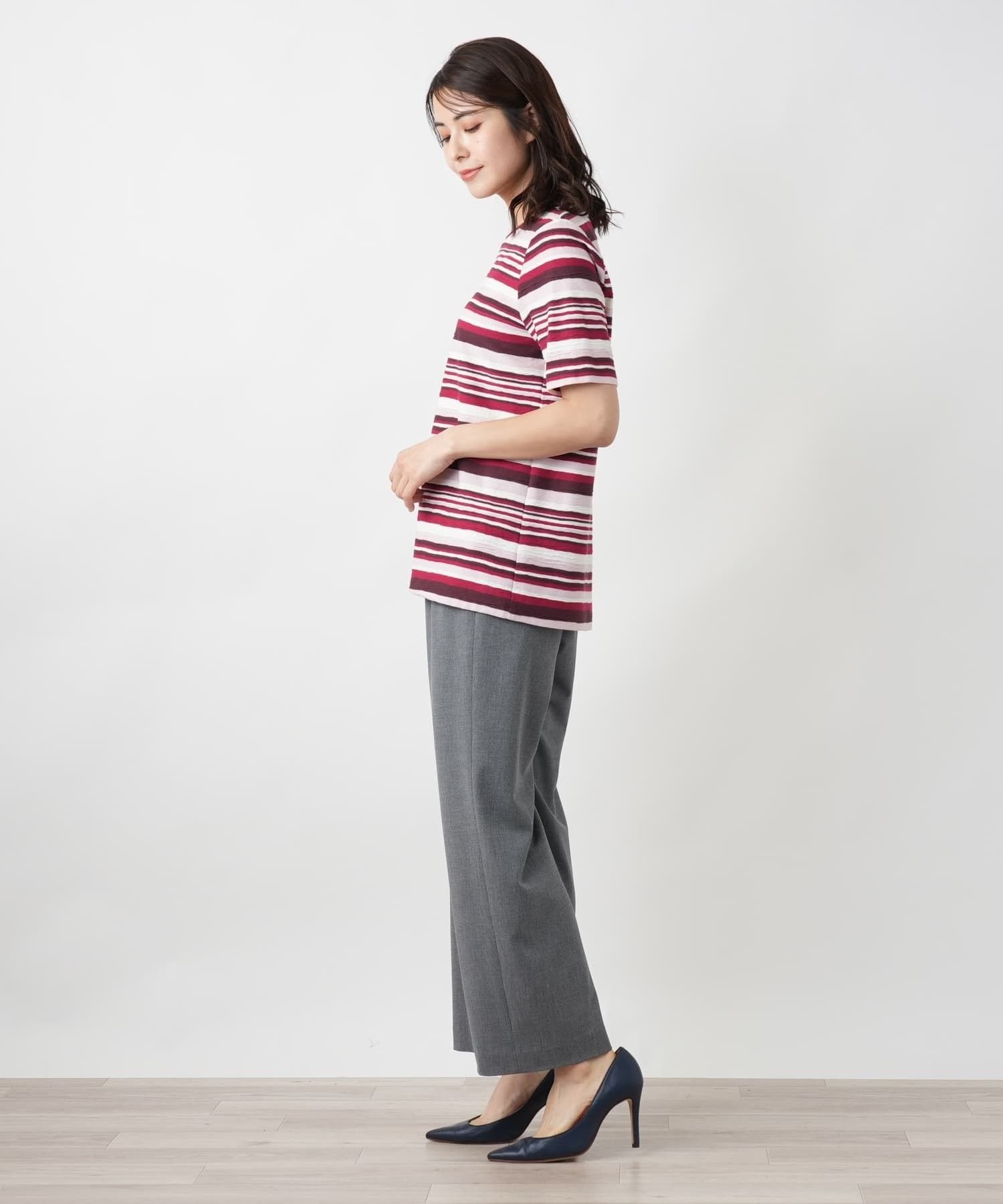 Leilian マルチボーダーカットソー レリアン トップス カットソー・Tシャツ ワインレッド