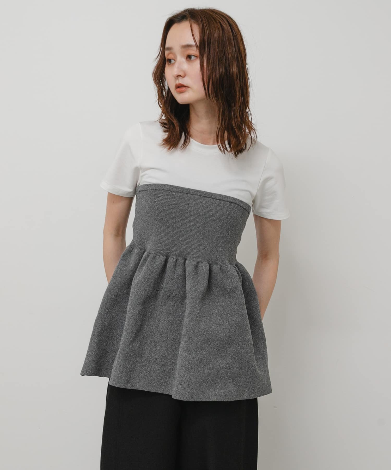SENSE OF PLACE 異素材コンビ半袖ペプラムプルオーバー センス オブ プレイス トップス カットソー・Tシャツ グレー ブラック