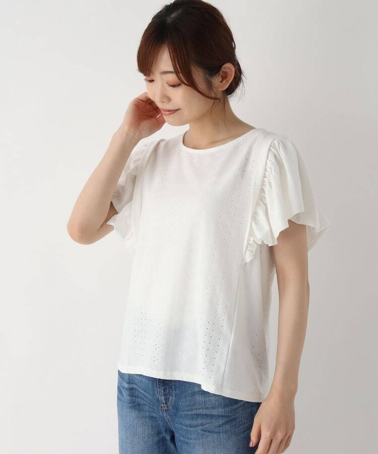 【SALE／20%OFF】ITS' DEMO 【ショルダータック/フリル袖/幾何学柄】ギャザー袖プルオーバー イッツデモ トップス カットソー・Tシャツ ホワイト ブラック パープルのサムネイル