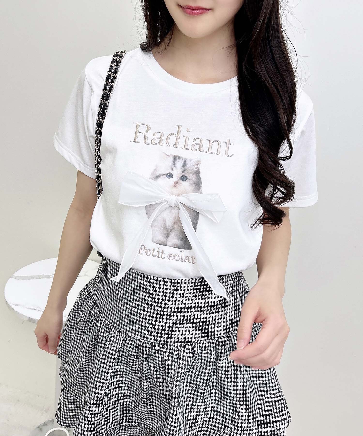 INGNI 装飾リボン付ねこTシャツ イング トップス カットソー・Tシャツ ホワイト ピンク グレーのサムネイル