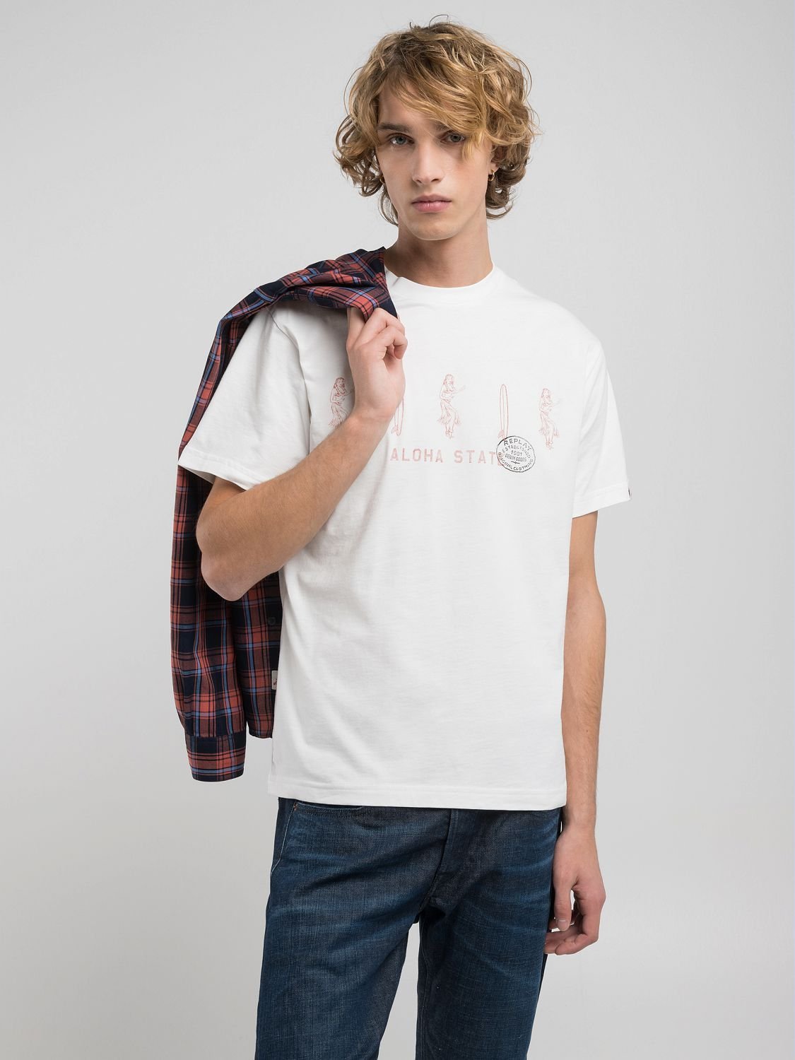 REPLAY コットンジャ-ジーHAWAIプリントTシャツ リプレイ トップス カットソー・Tシャツ ホワイト【送料無料】