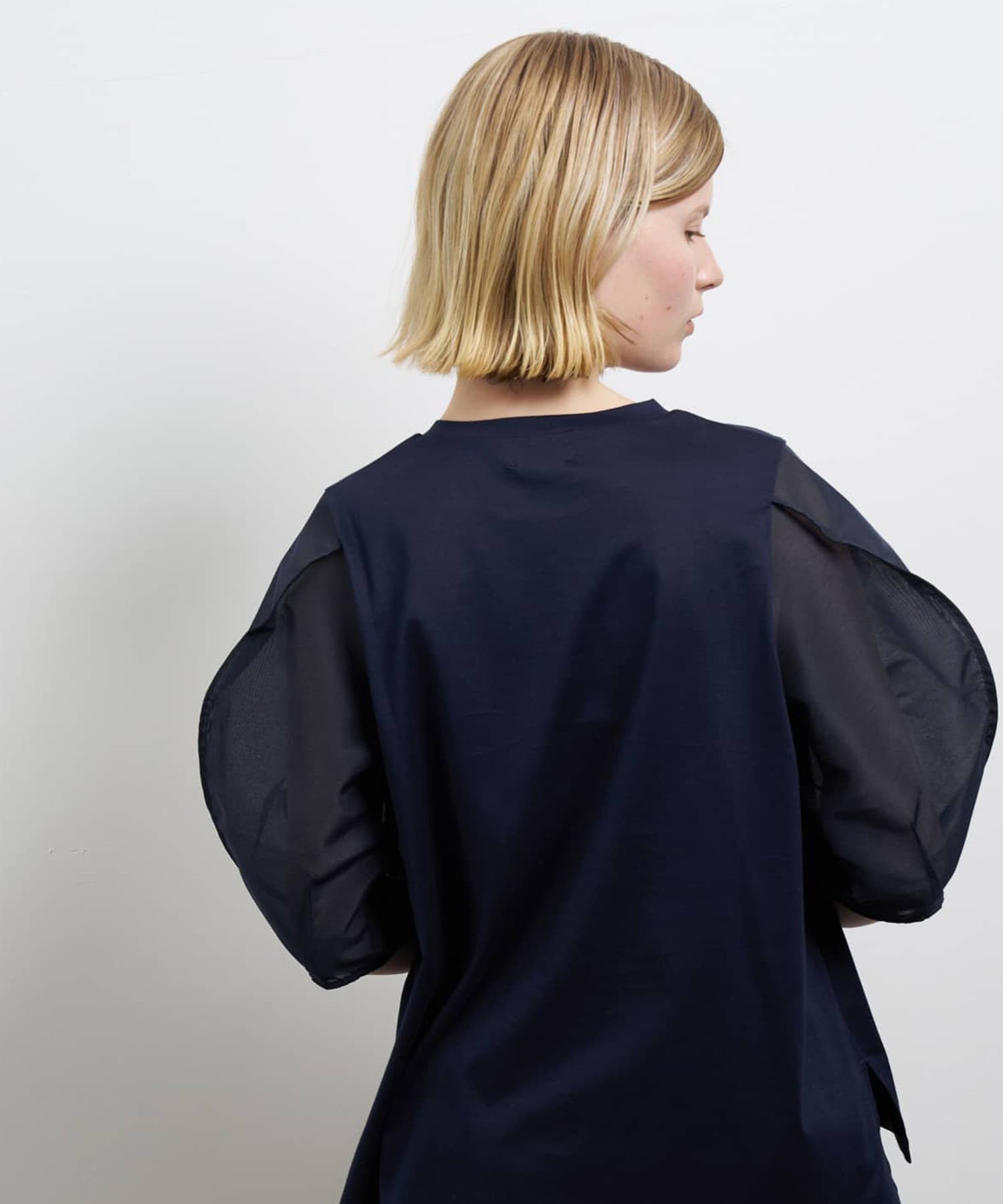 LANVIN en Bleu シアーコクーンスリーブコンビカットソー ランバンオンブルー トップス カットソー・Tシャツ ブラック ホワイト ネイビー【送料無料】