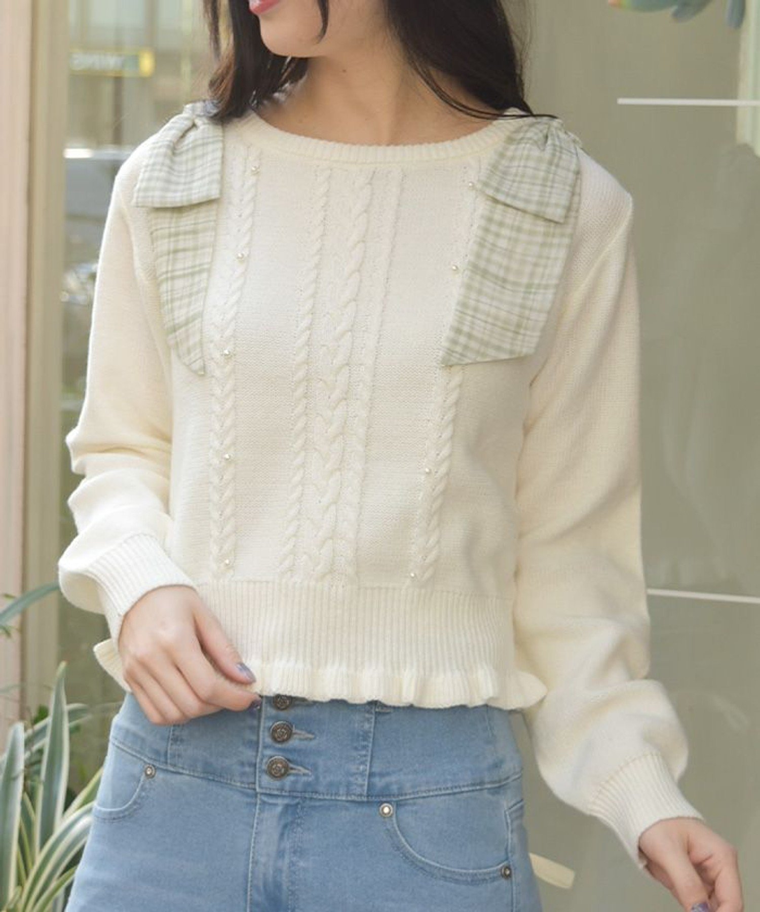 チェックシフォンリボンニット アクシーズファム トップス ニット ブルー ピンク ベージュ