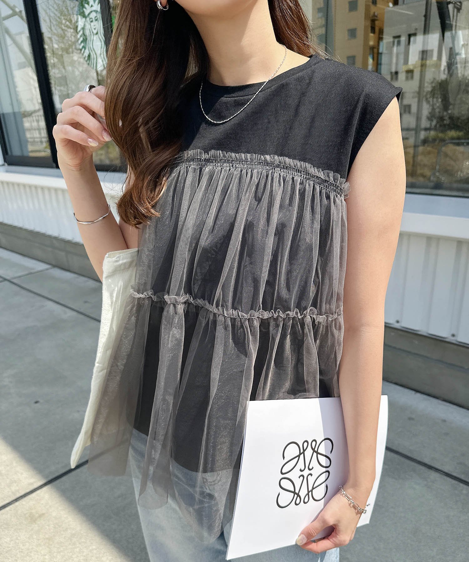チュールドッキング ビスチェ風 トップス アンドミー トップス カットソー・Tシャツ ホワイト