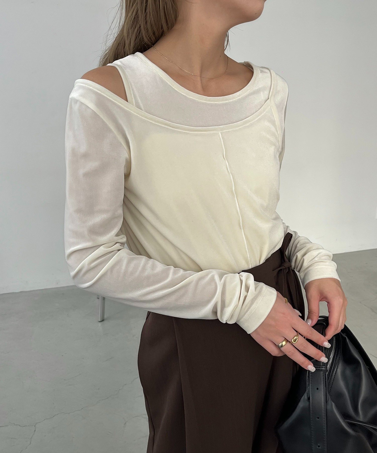 CAPRICIEUX LE'MAGE レイヤードベロアTシャツ カプリシュ レマージュ トップス カットソー・Tシャツ ブラック グレー ベージュ【送料無料】