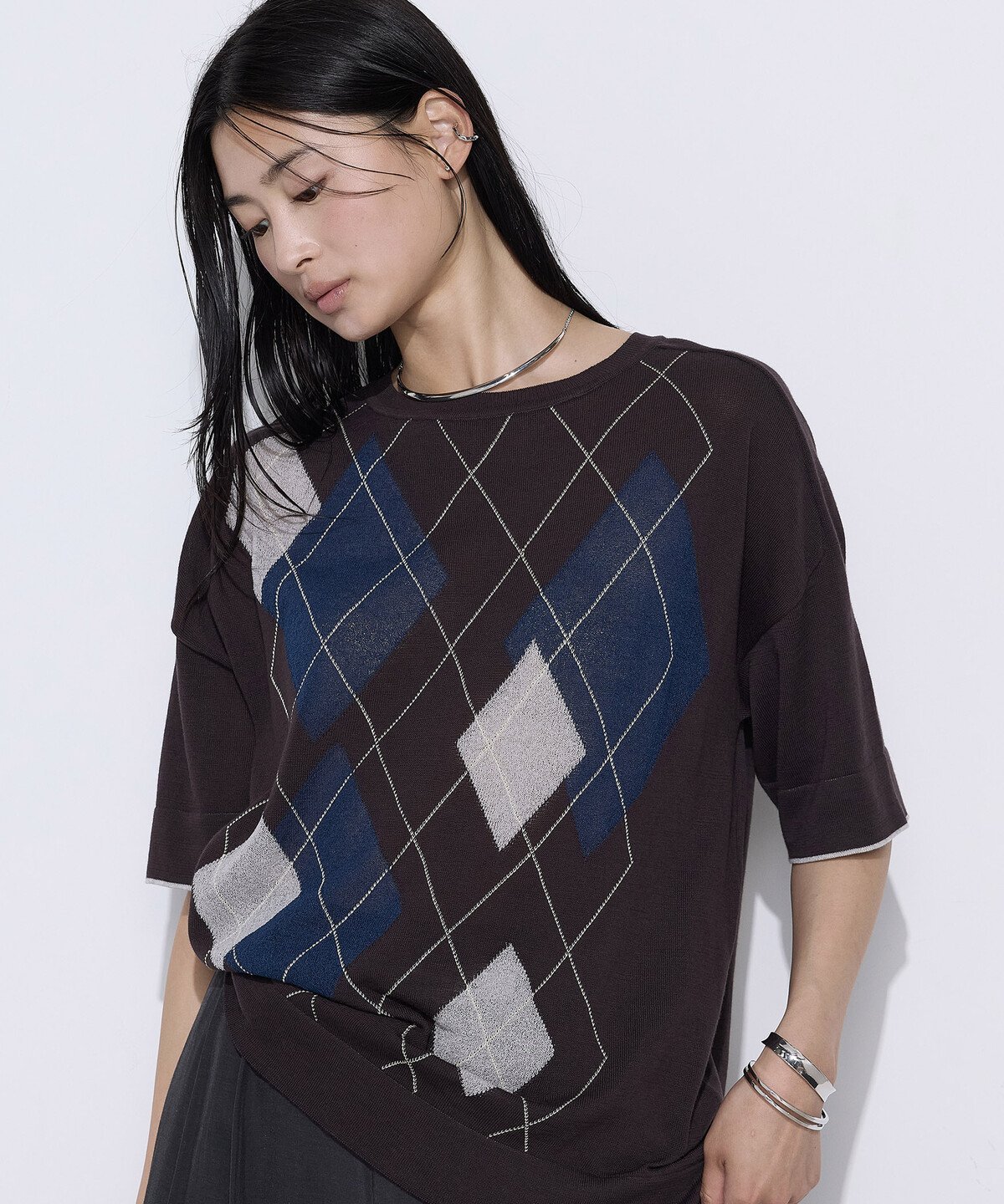 【SALE／50%OFF】COMME CA S-SIZE [ Sサイズ ] ランダムアーガイルニットプルオーバー コムサ トップス ニット グレー ブラウン【送料無料】