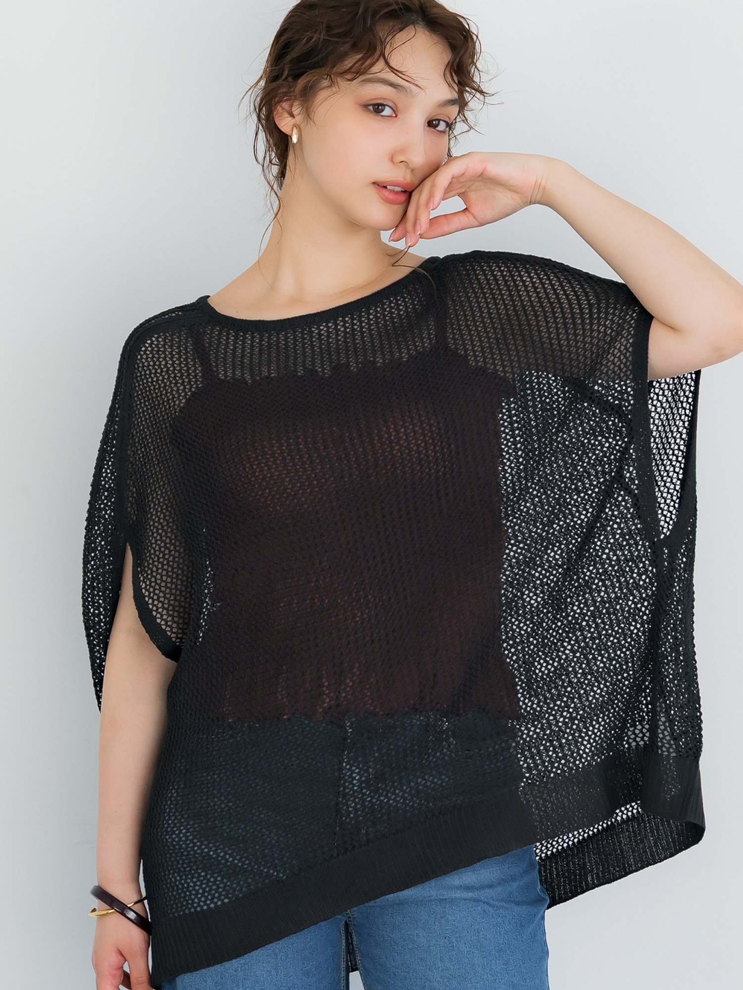 【SALE／50%OFF】coca メッシュニットケープ コカ トップス カットソー・Tシャツ ブラック ブラウン