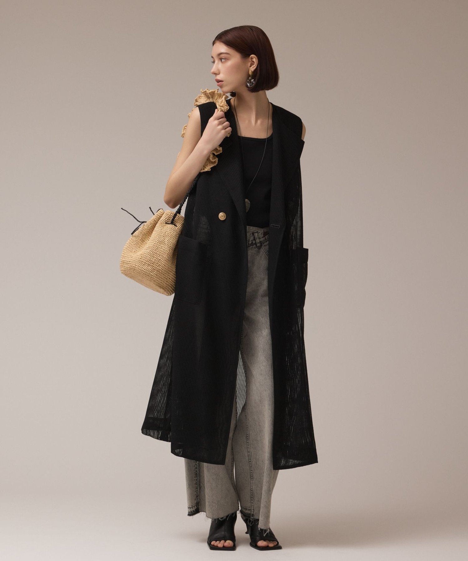 【SALE／40%OFF】GRACE CONTINENTAL カラミロングジレ グレースコンチネンタル トップス ベスト・ジレ ブラック ホワイト【送料無料】
