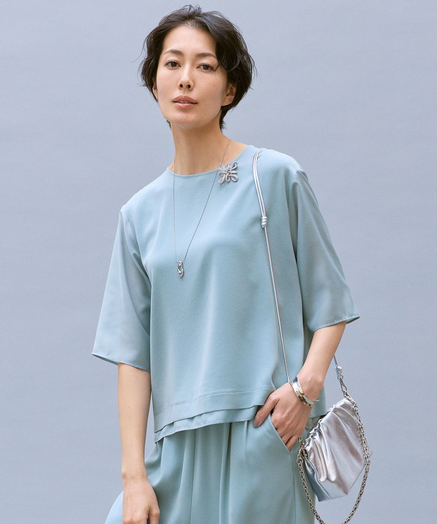 自由区 L 【17号サイズまで展開・カタログ掲載】ストレッチアムンゼン Tブラウス ジユウク トップス カットソー・Tシャツ ネイビー ブルー ベージュ