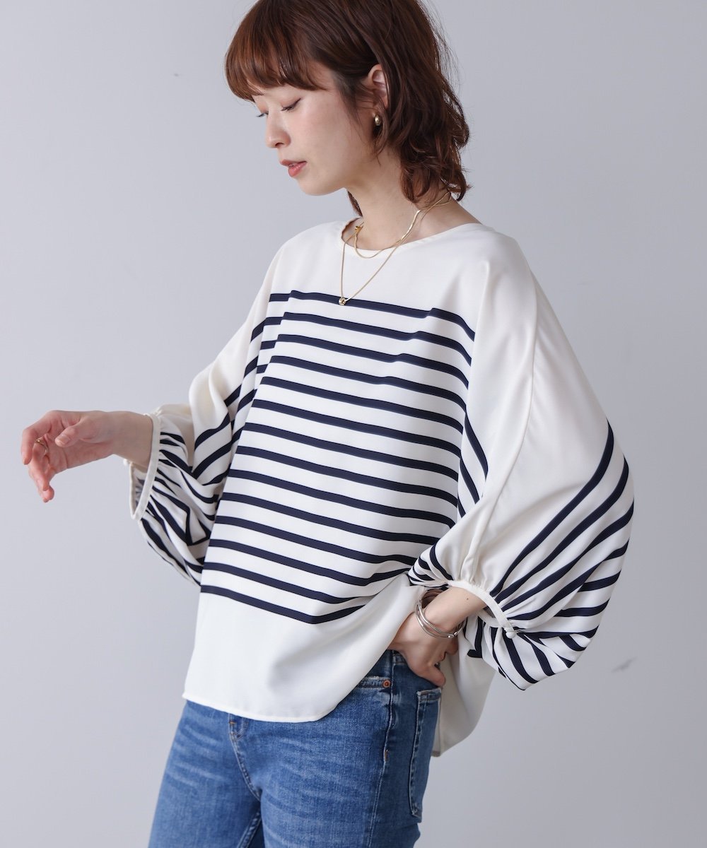 【SALE／17%OFF】Bou Jeloud サテンボーダートップス バブ / ブージュルード トップス カットソー・Tシャツ ネイビー ホワイト【送料無料】