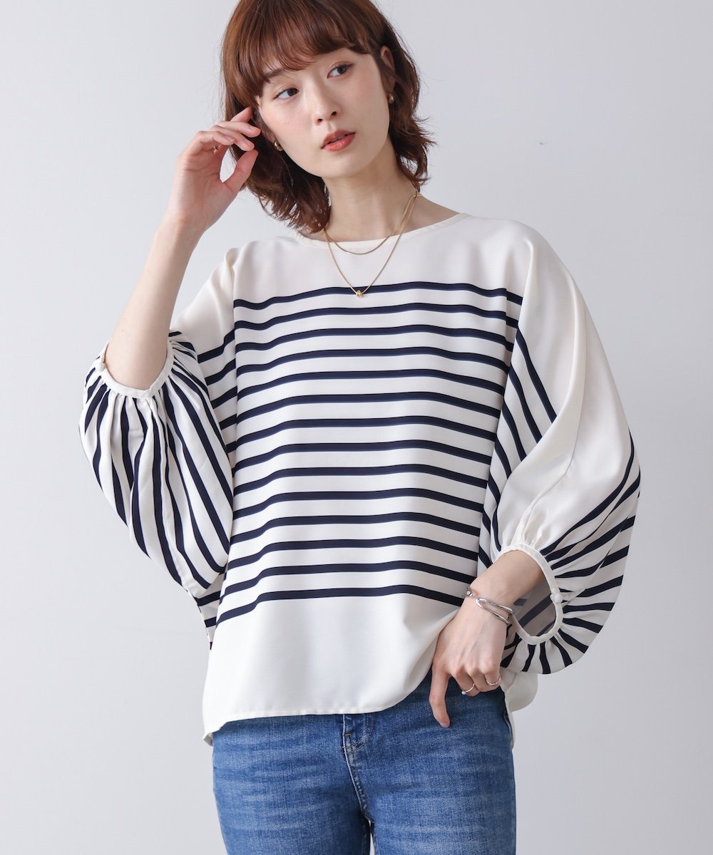 【SALE／17%OFF】Bou Jeloud サテンボーダートップス バブ / ブージュルード トップス カットソー・Tシャツ ネイビー ホワイト【送料無料】