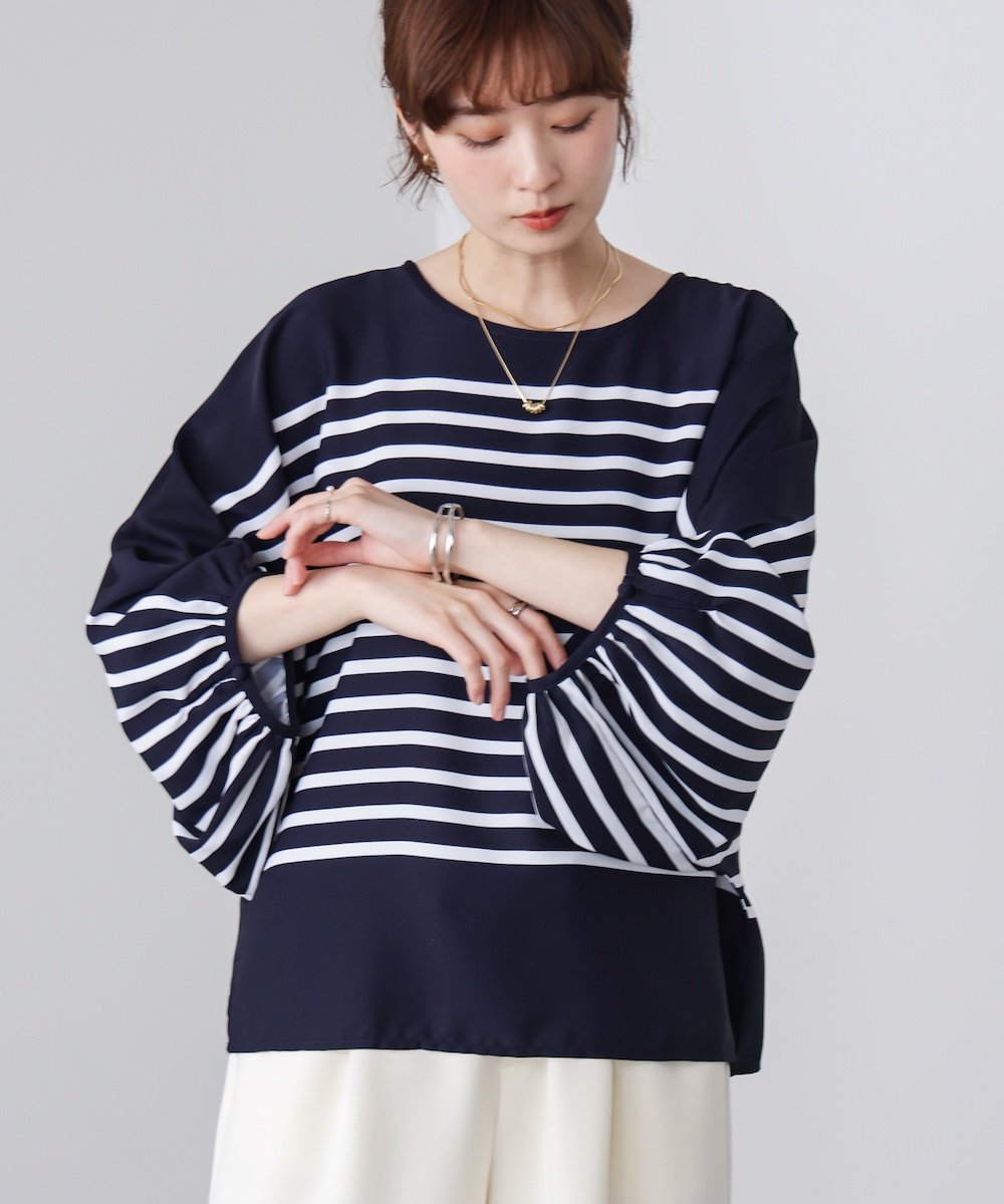 【SALE／17%OFF】Bou Jeloud サテンボーダートップス バブ / ブージュルード トップス カットソー・Tシャツ ネイビー ホワイト【送料無料】