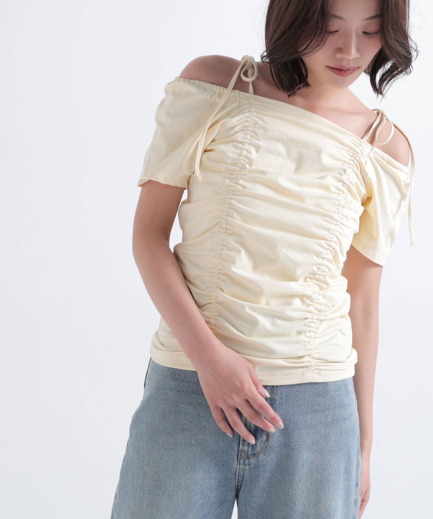 NATURAL BEAUTY BASIC ショルダーリボンドロストカットソー ナチュラルビューティベーシック トップス カットソー・Tシャツ ホワイト ブラック イエロー